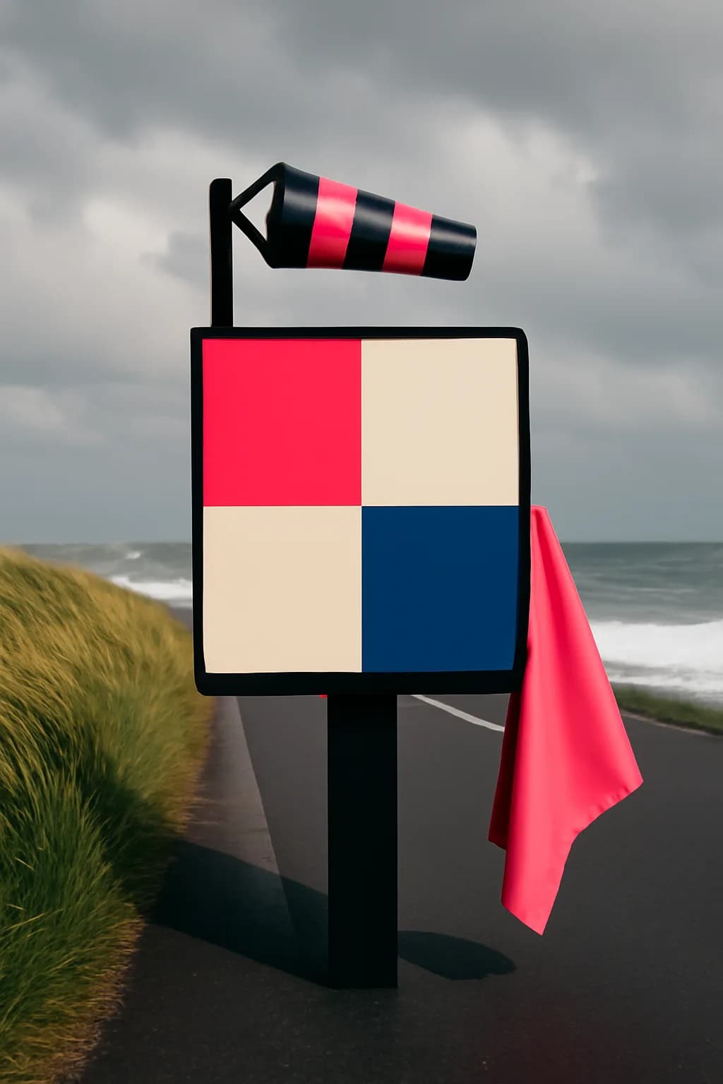 A realistic coastal road with sea spray, wind-shaped grass, dramatic sky, and a clean cinematic composition. bold blocks of color arranged as a readable feed-first scene