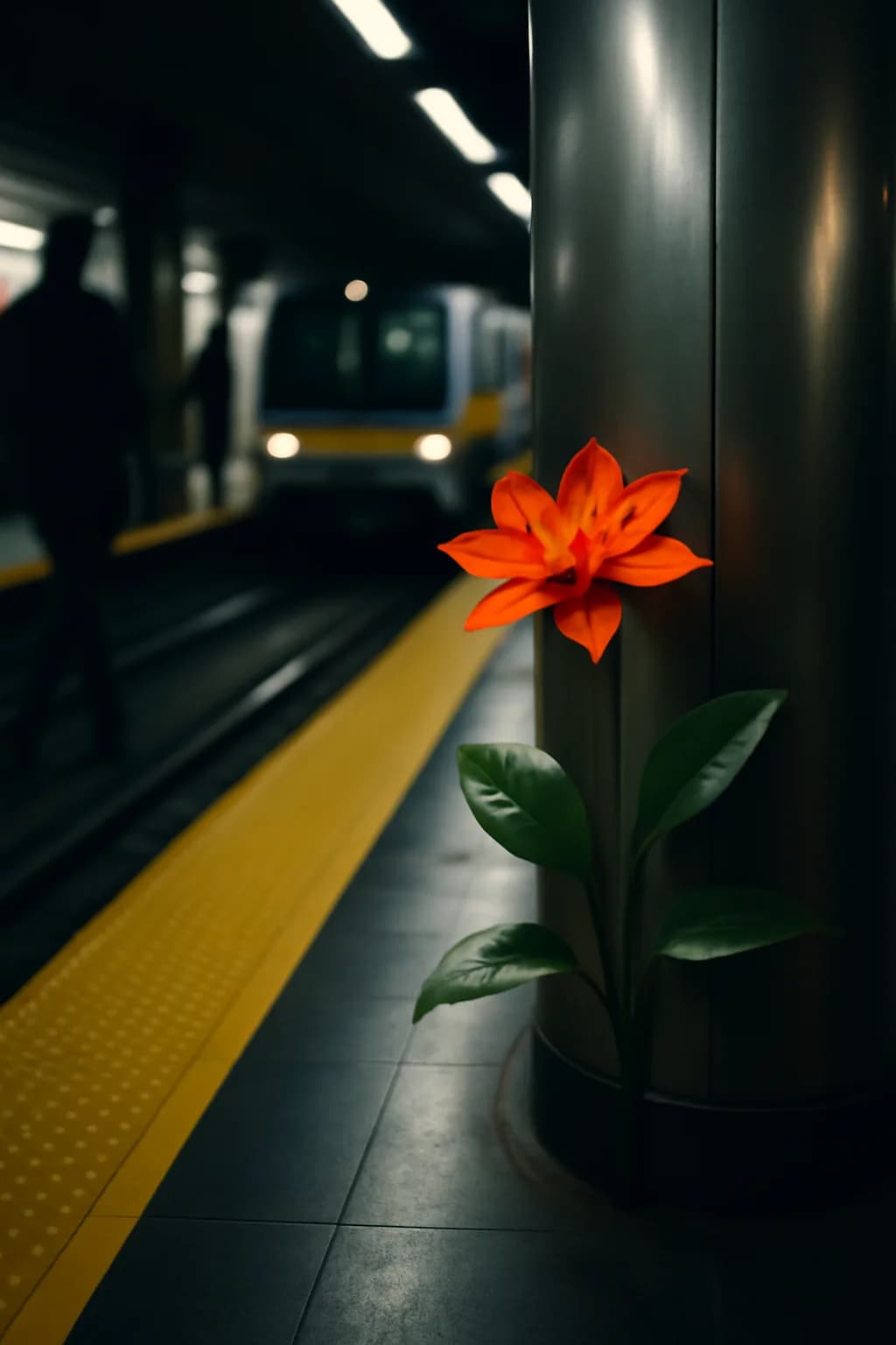 A realistic underground metro platform with a vivid flower installation, moody lighting, and cinematic depth. a fast transit-adjacent glimpse with strong leading lines