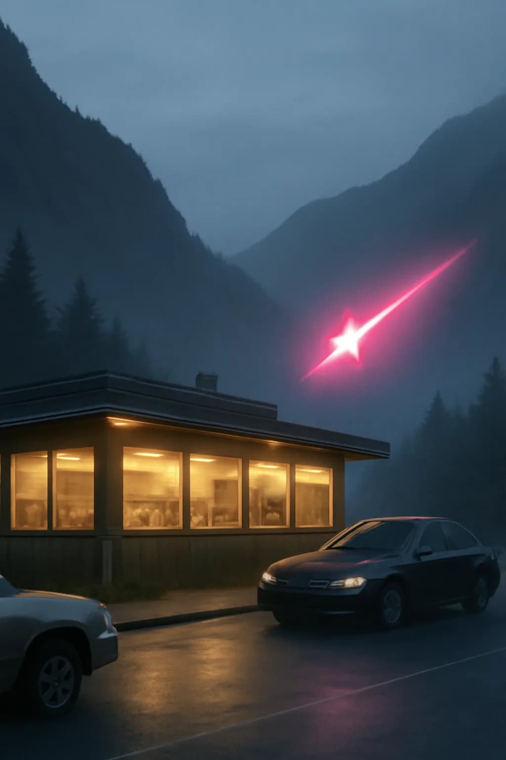 A realistic roadside mountain diner at blue hour with glowing windows, parked cars, mist, and quiet atmosphere. one impossible detail inside an otherwise believable everyday scene