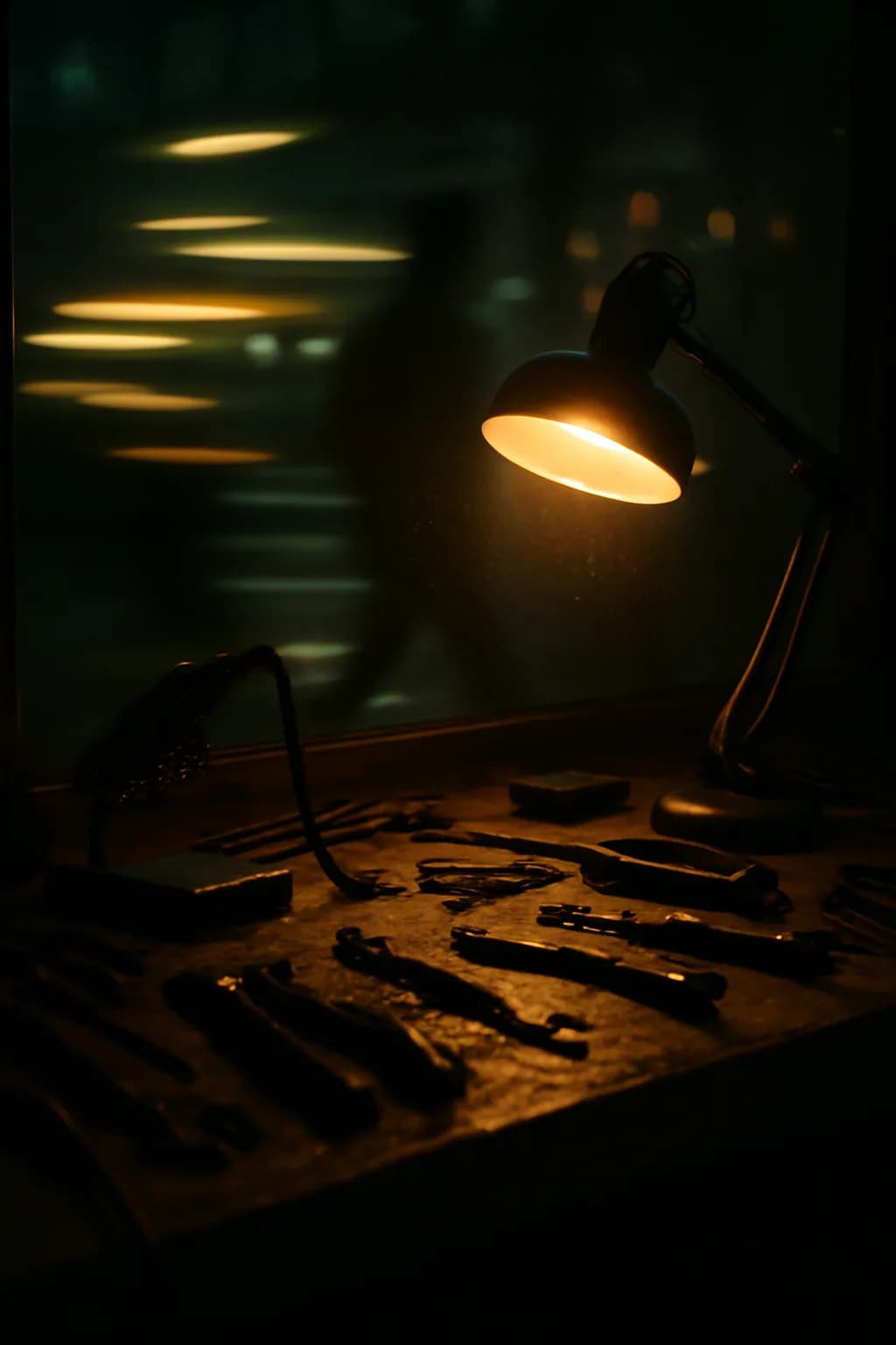 A realistic cafe window at morning rush with layered reflections, coffee cups, pedestrians, and soft street light. tight workspace scene with tools or components forming a visual rhythm