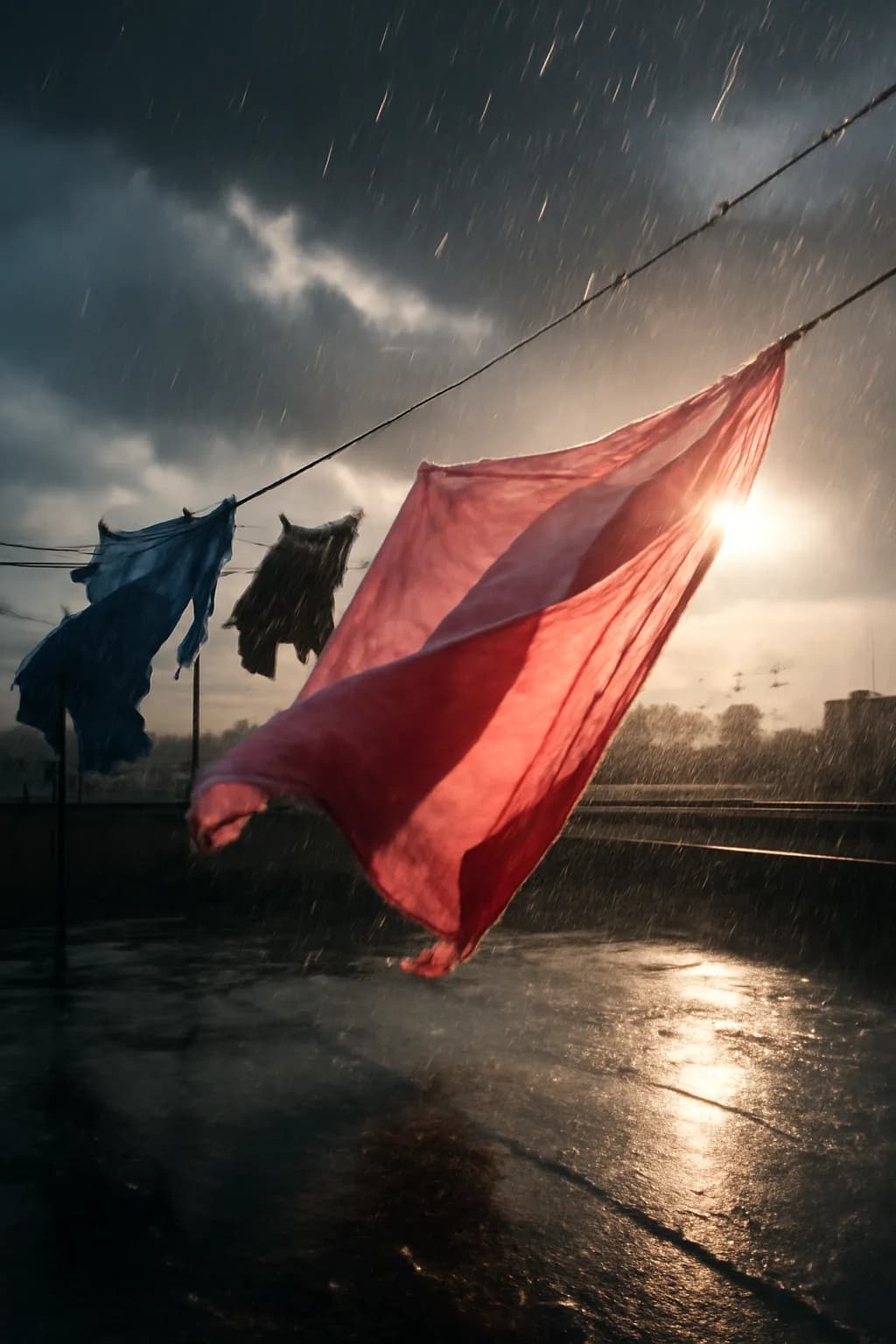 A realistic rooftop laundry line above a dense city, with dramatic clouds, soft wind, and glowing late afternoon light. a normal place interrupted by one precise weather event