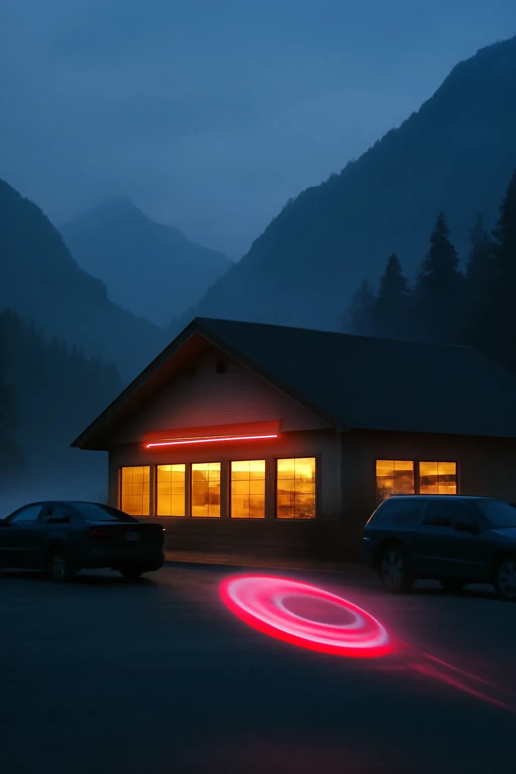 A realistic roadside mountain diner at blue hour with glowing windows, parked cars, mist, and quiet atmosphere. one impossible detail inside an otherwise believable everyday scene