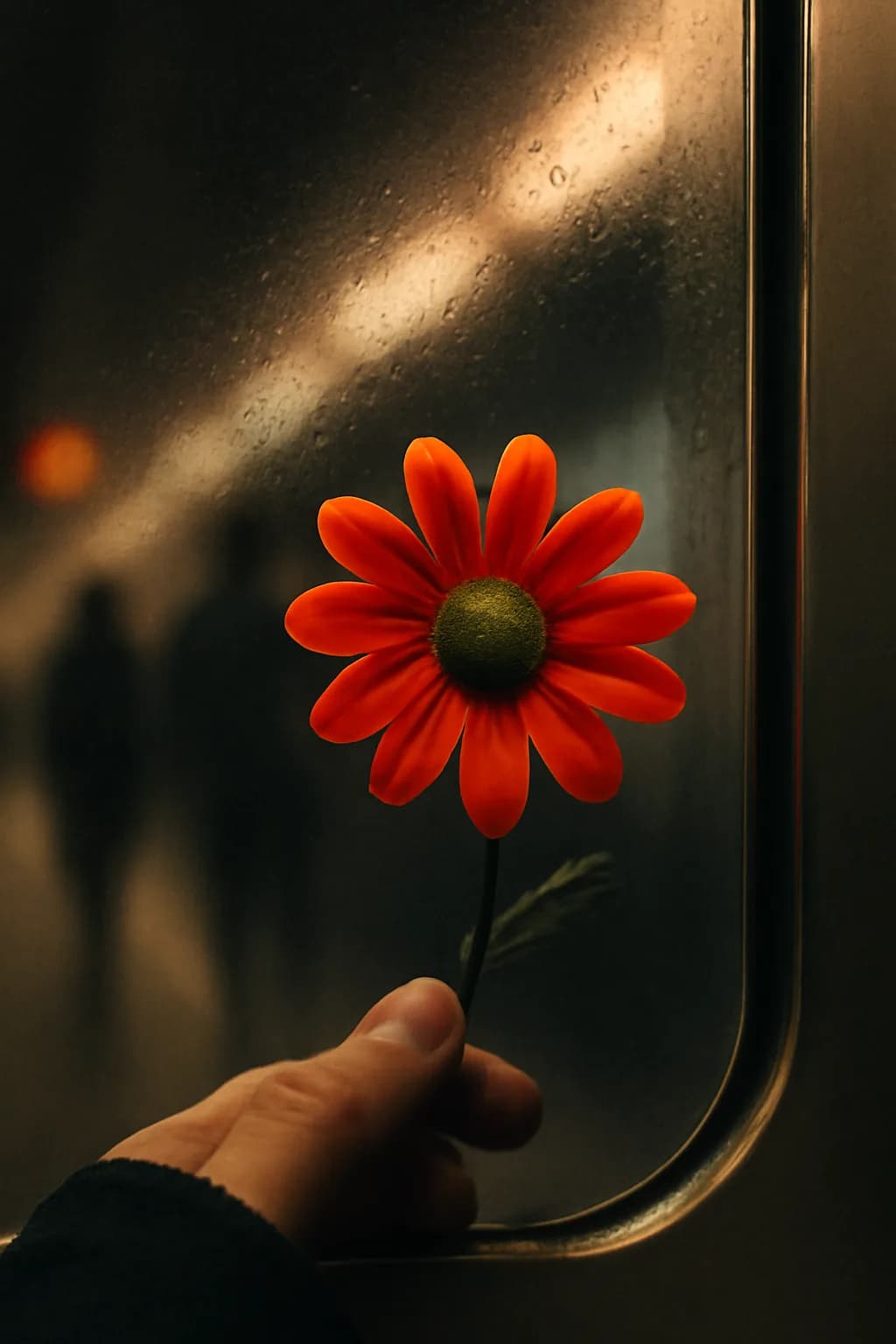 A realistic underground metro platform with a vivid flower installation, moody lighting, and cinematic depth. one memorable object dominates the frame with a clear silhouette and generous negative space