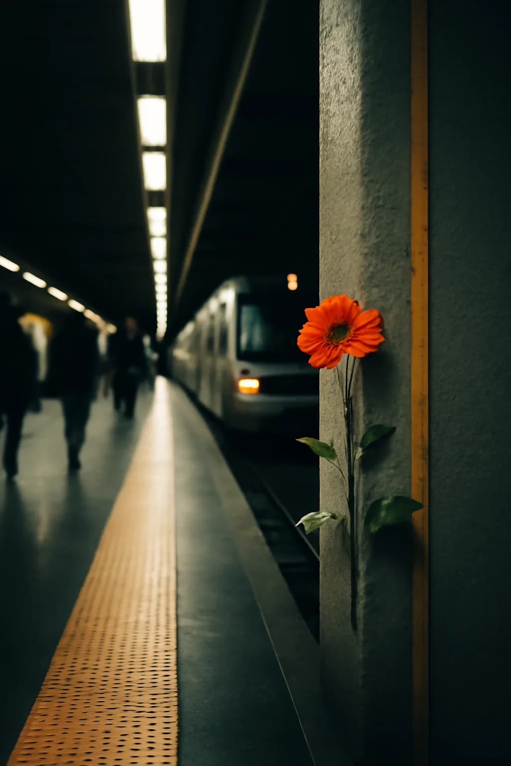 A realistic underground metro platform with a vivid flower installation, moody lighting, and cinematic depth. a fast transit-adjacent glimpse with strong leading lines
