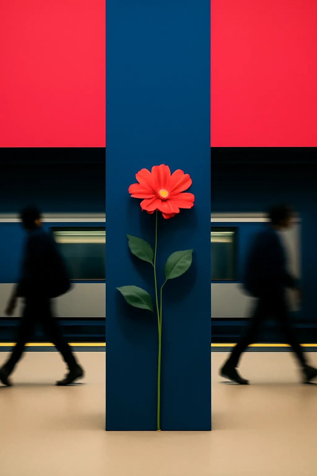 A realistic underground metro platform with a vivid flower installation, moody lighting, and cinematic depth. bold blocks of color arranged as a readable feed-first scene