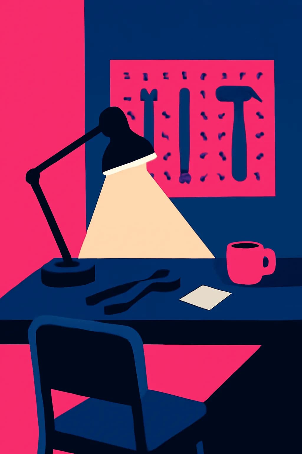 A realistic small workshop at night with warm lamps, precise tools, dust particles, and a cinematic handmade mood. bold blocks of color arranged as a readable feed-first scene