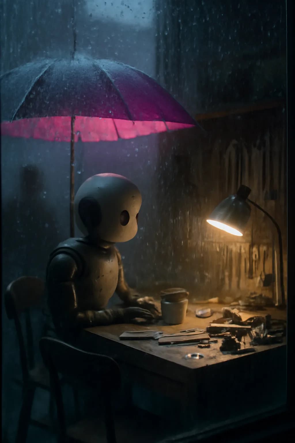 A realistic small workshop at night with warm lamps, precise tools, dust particles, and a cinematic handmade mood. a normal place interrupted by one precise weather event