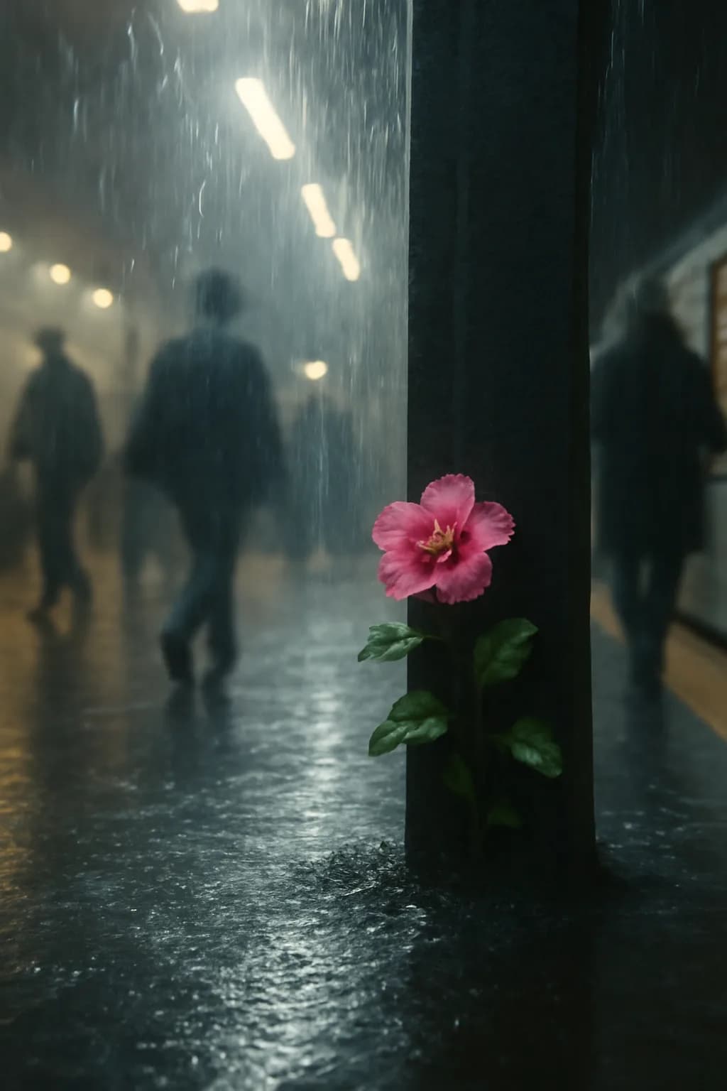 A realistic underground metro platform with a vivid flower installation, moody lighting, and cinematic depth. a normal place interrupted by one precise weather event
