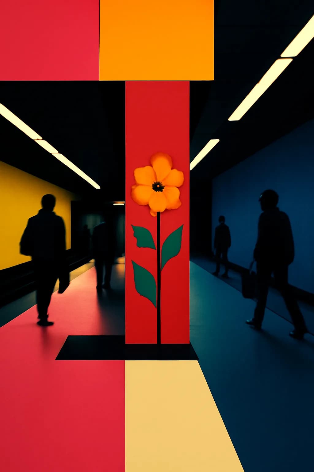 A realistic underground metro platform with a vivid flower installation, moody lighting, and cinematic depth. bold blocks of color arranged as a readable feed-first scene