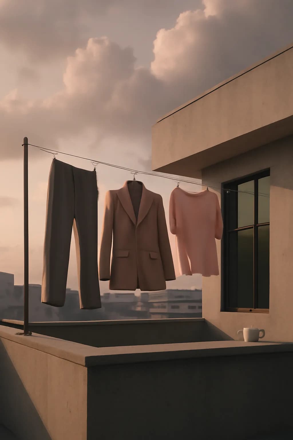 A realistic rooftop laundry line above a dense city, with dramatic clouds, soft wind, and glowing late afternoon light. clean architectural geometry with one small emotional detail