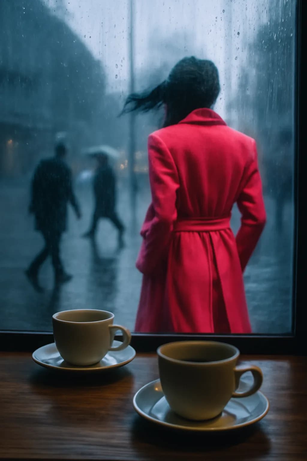 A realistic cafe window at morning rush with layered reflections, coffee cups, pedestrians, and soft street light. a normal place interrupted by one precise weather event