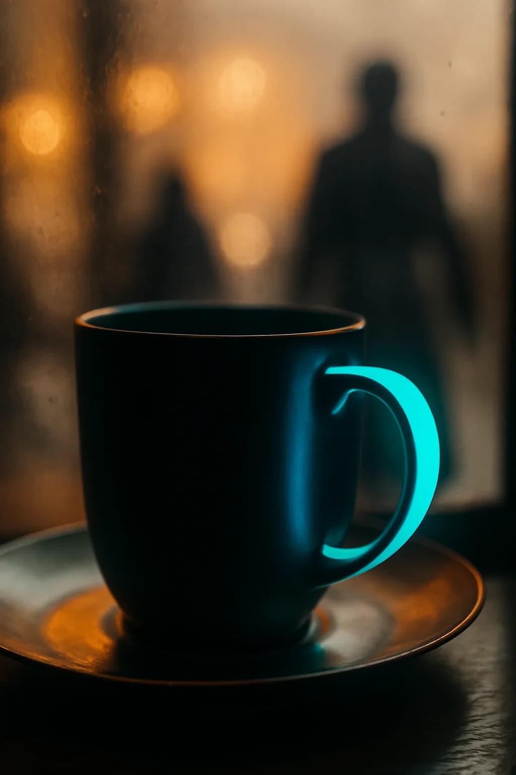 A realistic cafe window at morning rush with layered reflections, coffee cups, pedestrians, and soft street light. one memorable object dominates the frame with a clear silhouette and generous negative space