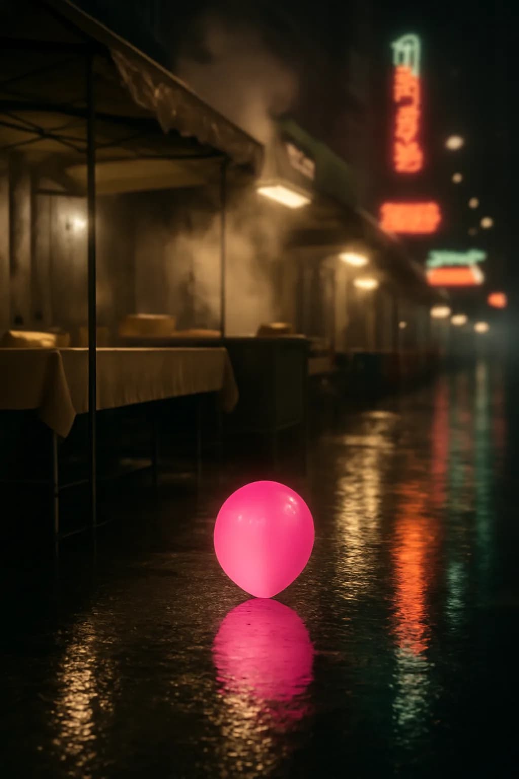 A photorealistic rainy night street market with neon reflections, wet pavement, and a cinematic city glow. one impossible detail inside an otherwise believable everyday scene