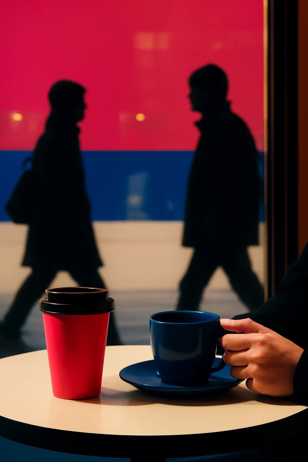 A realistic cafe window at morning rush with layered reflections, coffee cups, pedestrians, and soft street light. bold blocks of color arranged as a readable feed-first scene