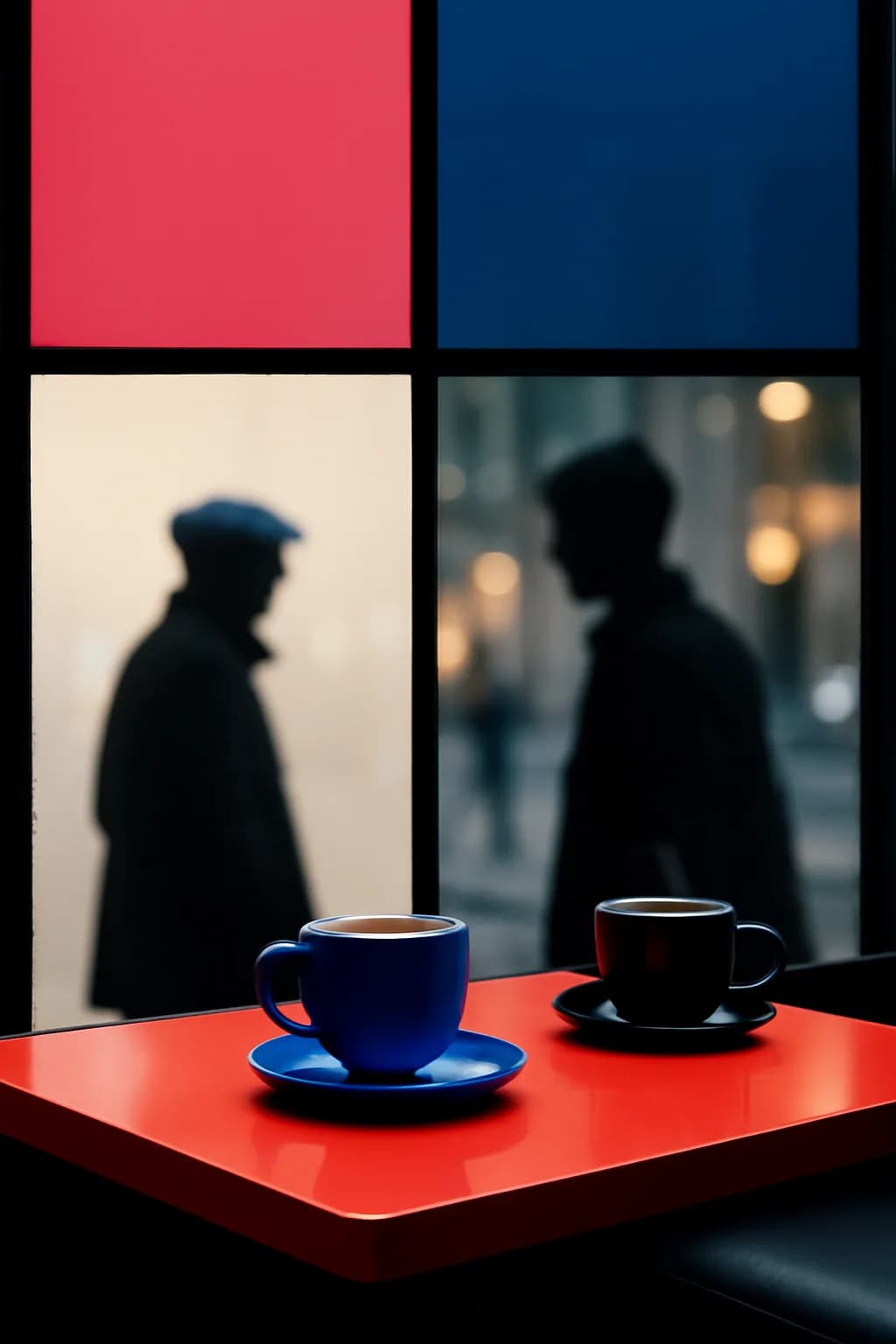 A realistic cafe window at morning rush with layered reflections, coffee cups, pedestrians, and soft street light. bold blocks of color arranged as a readable feed-first scene