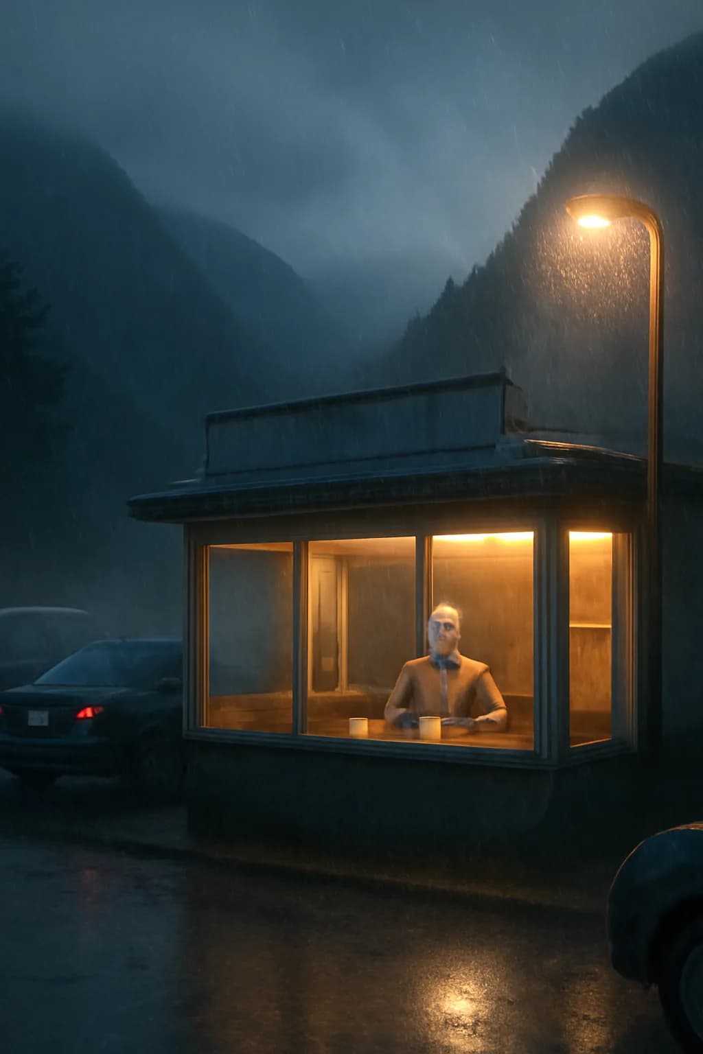 A realistic roadside mountain diner at blue hour with glowing windows, parked cars, mist, and quiet atmosphere. a normal place interrupted by one precise weather event
