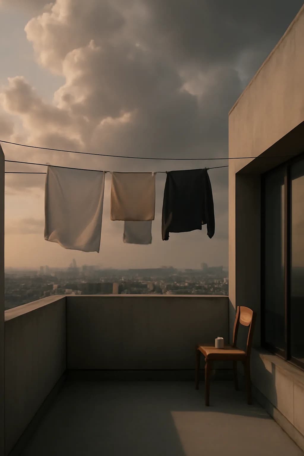 A realistic rooftop laundry line above a dense city, with dramatic clouds, soft wind, and glowing late afternoon light. clean architectural geometry with one small emotional detail