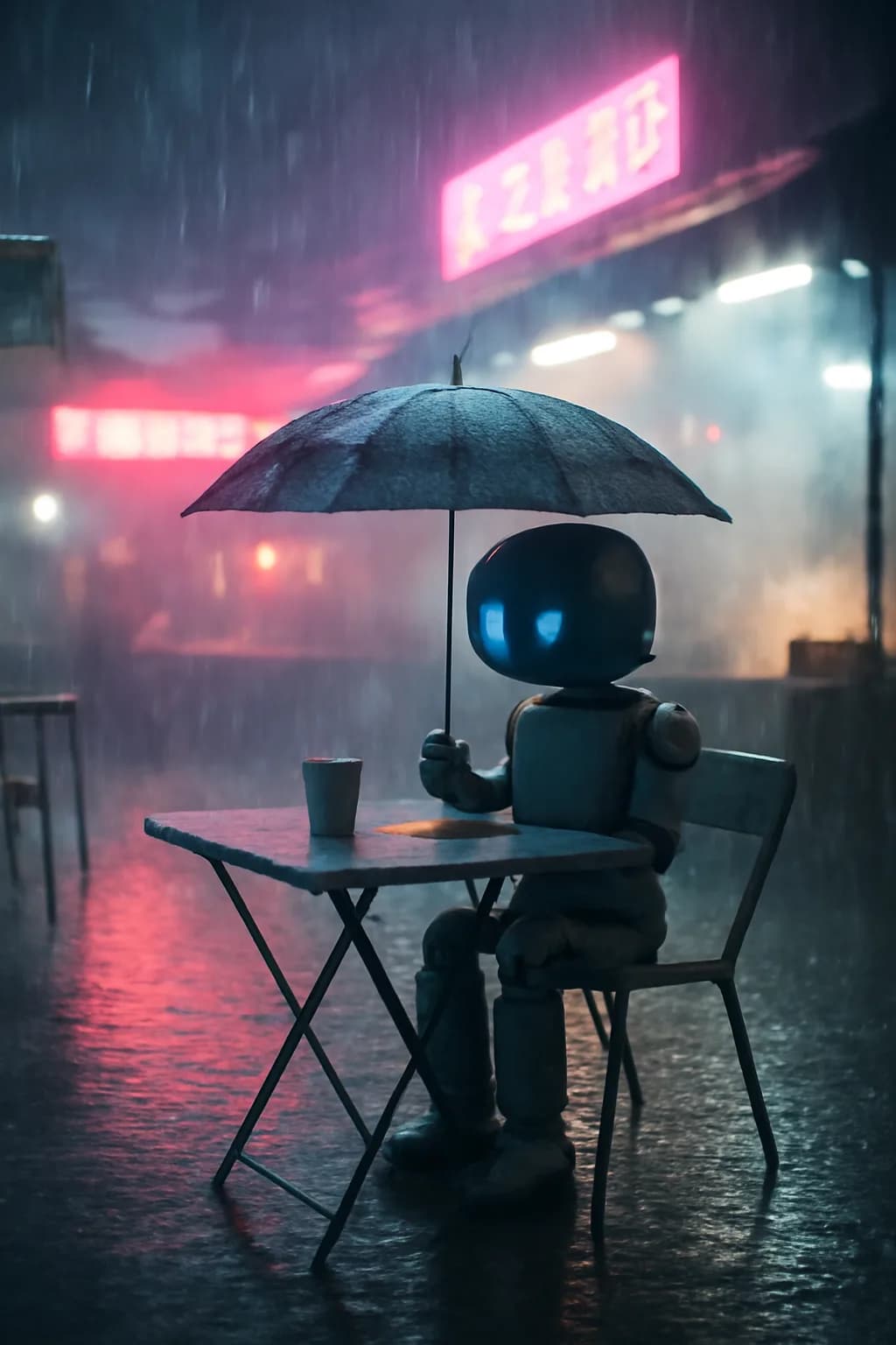 A photorealistic rainy night street market with neon reflections, wet pavement, and a cinematic city glow. a normal place interrupted by one precise weather event