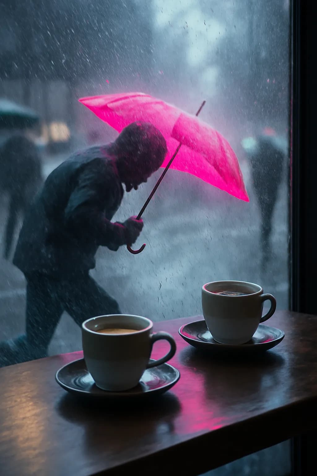 A realistic cafe window at morning rush with layered reflections, coffee cups, pedestrians, and soft street light. a normal place interrupted by one precise weather event