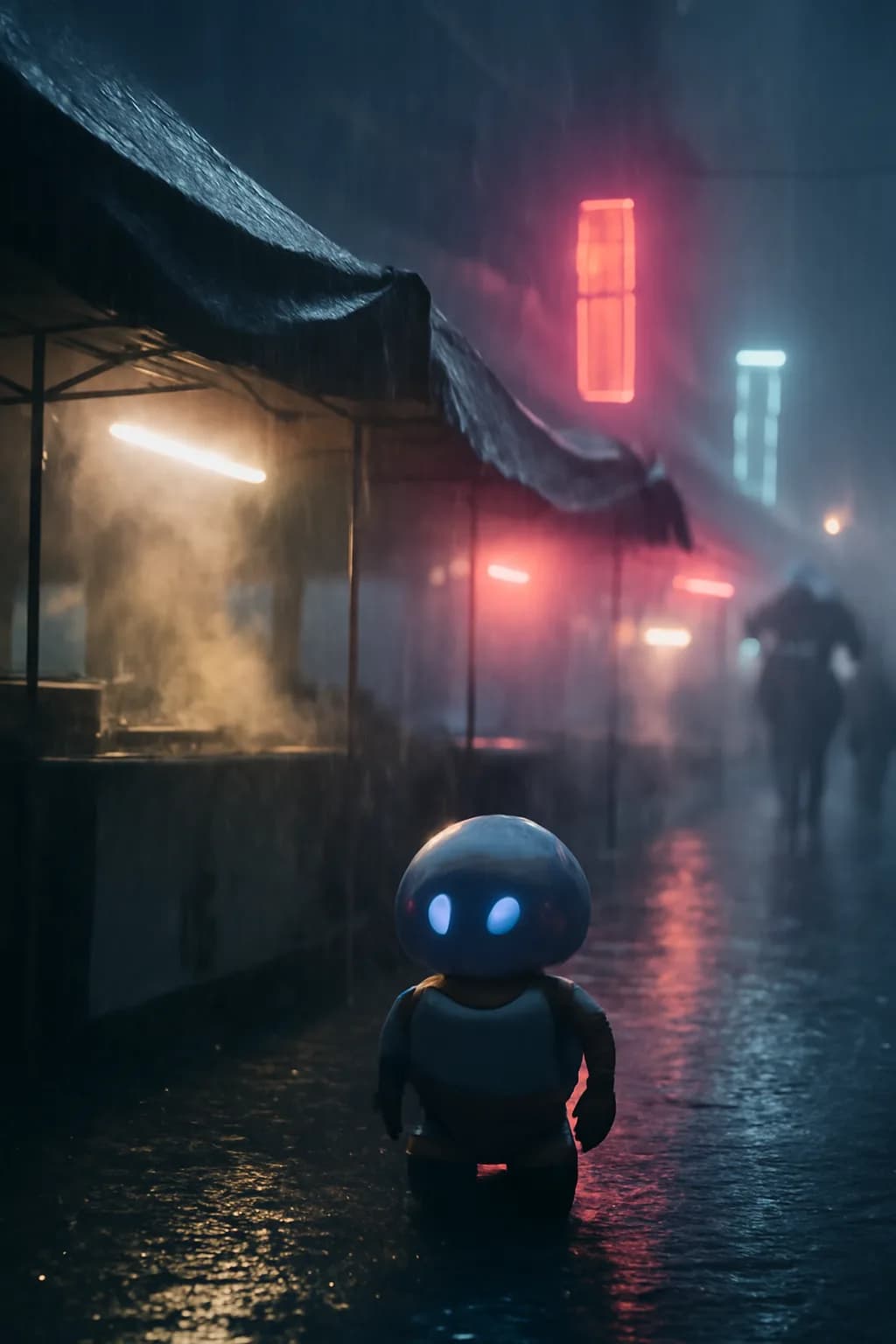 A photorealistic rainy night street market with neon reflections, wet pavement, and a cinematic city glow. a normal place interrupted by one precise weather event