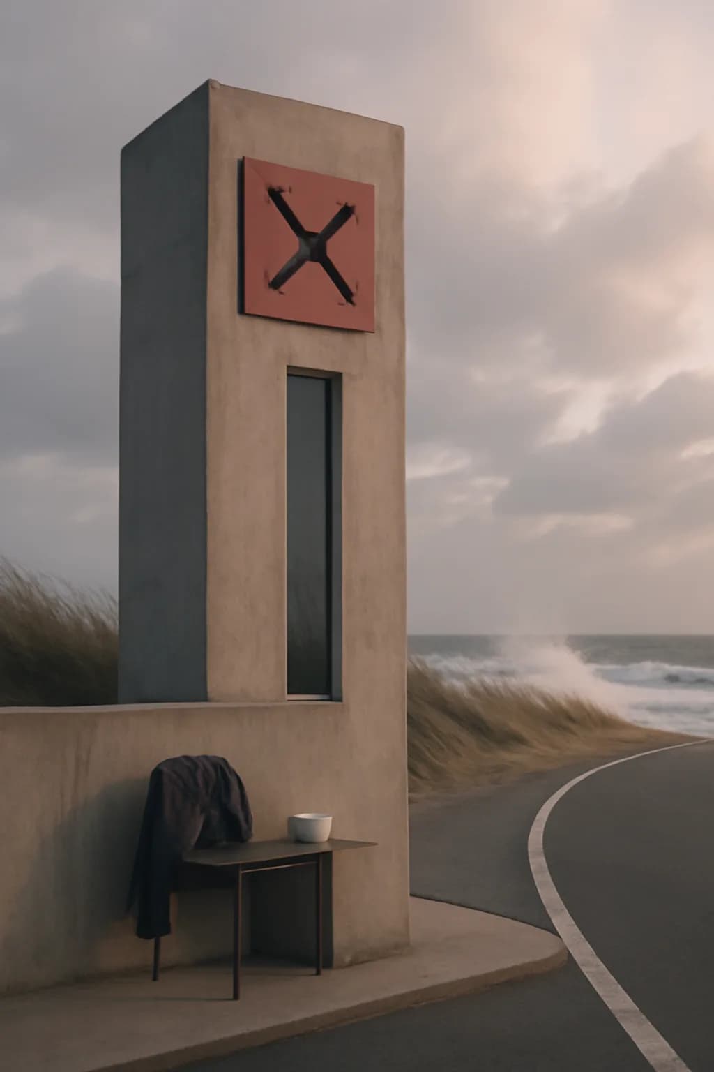 A realistic coastal road with sea spray, wind-shaped grass, dramatic sky, and a clean cinematic composition. clean architectural geometry with one small emotional detail