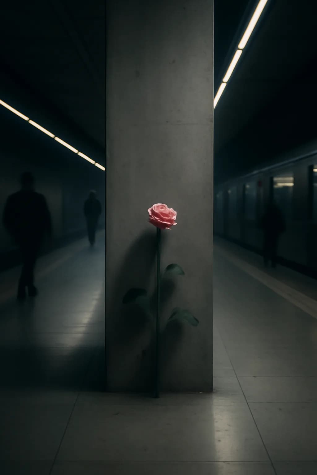 A realistic underground metro platform with a vivid flower installation, moody lighting, and cinematic depth. clean architectural geometry with one small emotional detail