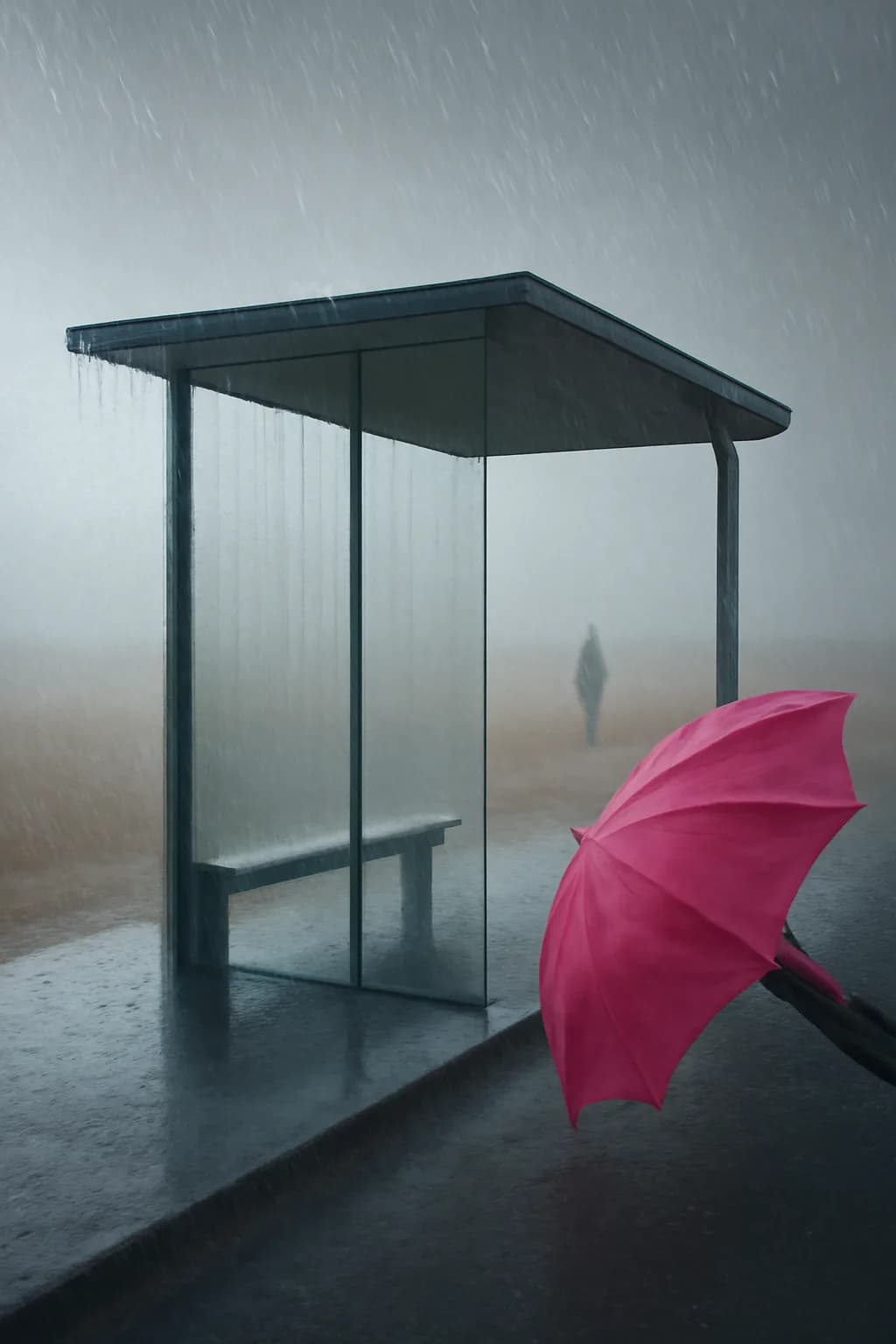 A realistic glass transit station in a desert at sunrise with warm light, long shadows, and a quiet futuristic mood. a normal place interrupted by one precise weather event