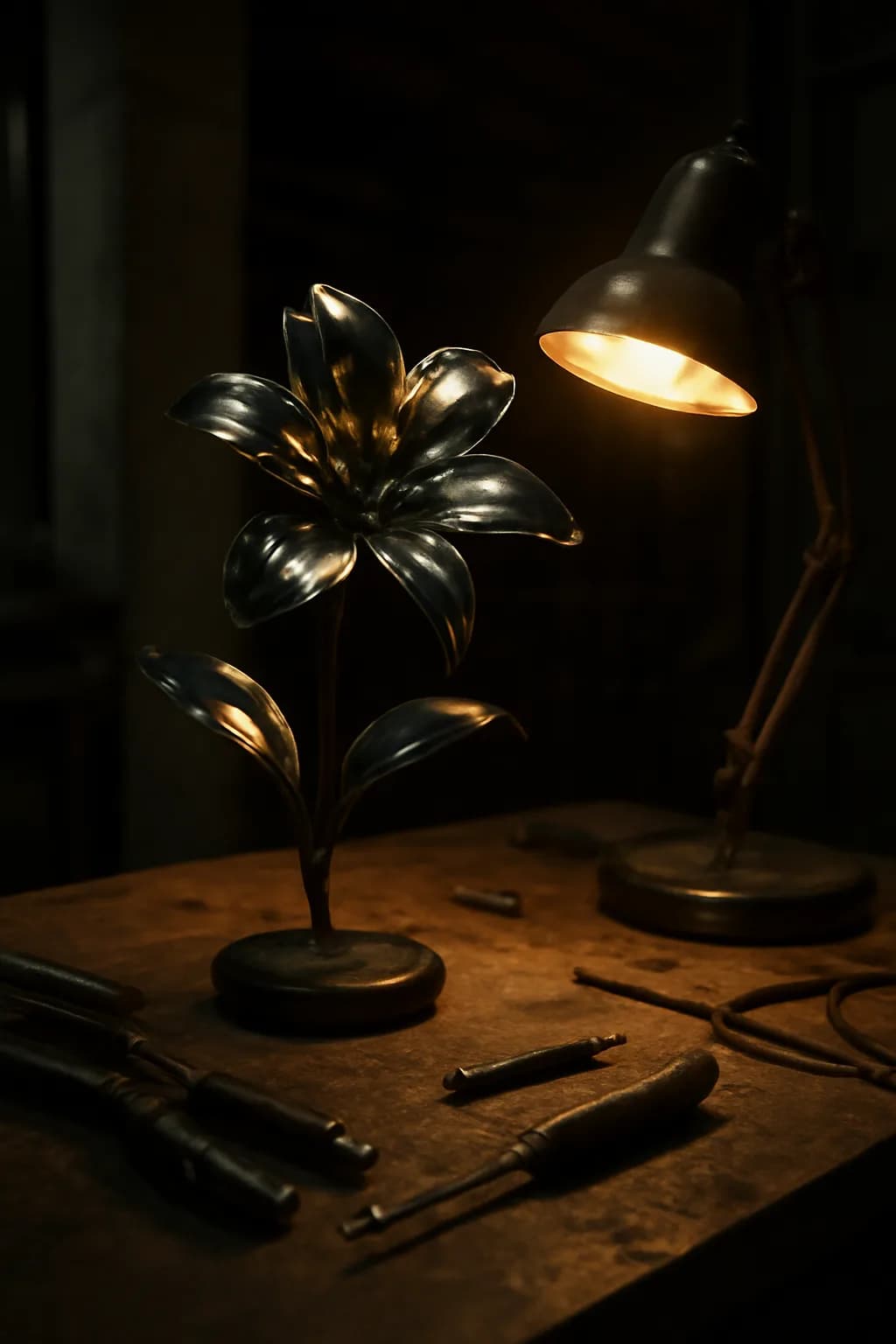 A realistic underground metro platform with a vivid flower installation, moody lighting, and cinematic depth. tight workspace scene with tools or components forming a visual rhythm