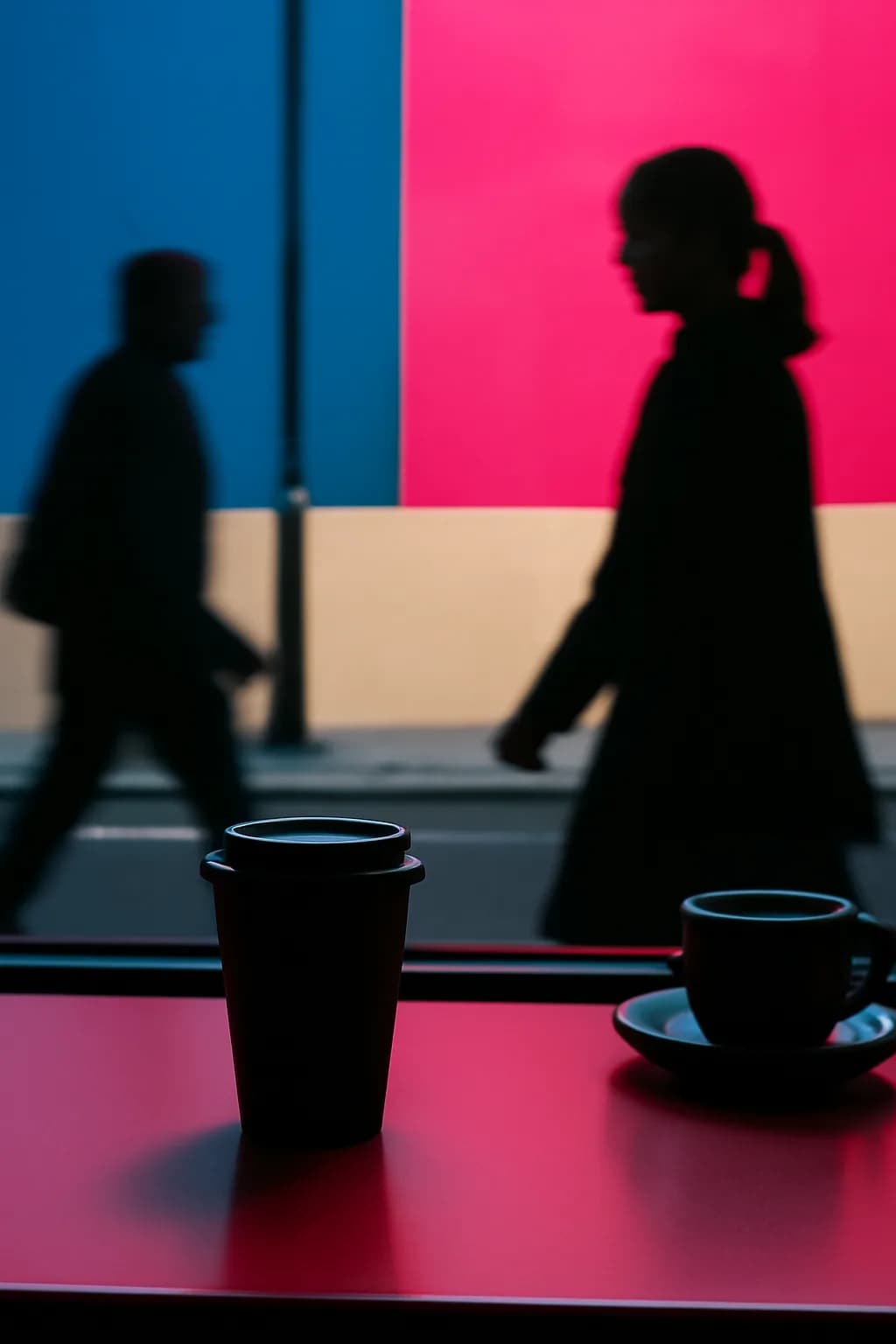 A realistic cafe window at morning rush with layered reflections, coffee cups, pedestrians, and soft street light. bold blocks of color arranged as a readable feed-first scene