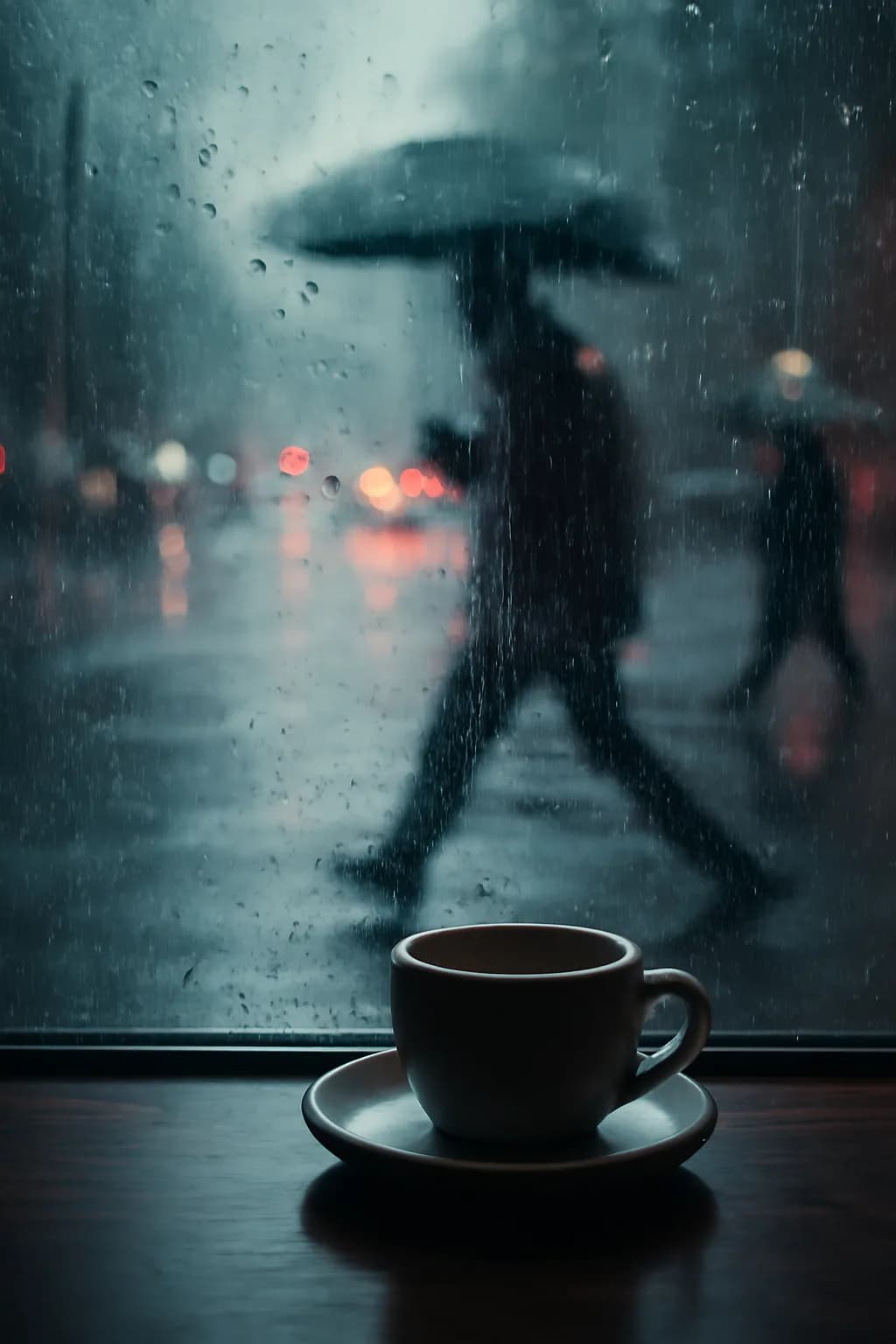 A realistic cafe window at morning rush with layered reflections, coffee cups, pedestrians, and soft street light. a normal place interrupted by one precise weather event
