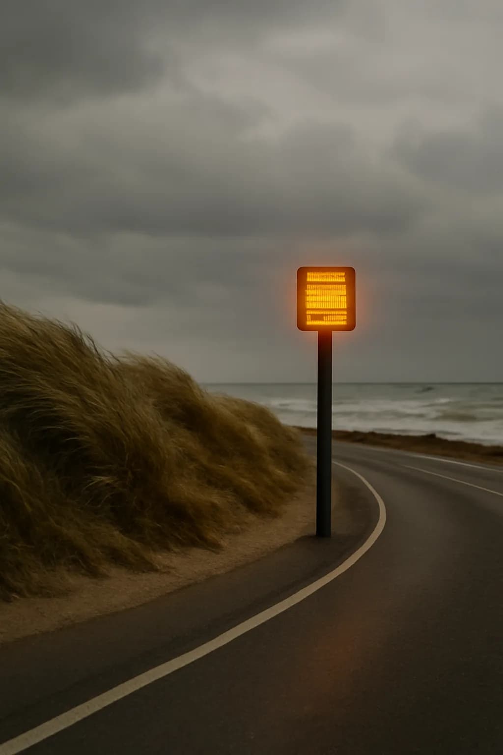 A realistic coastal road with sea spray, wind-shaped grass, dramatic sky, and a clean cinematic composition. one impossible detail inside an otherwise believable everyday scene
