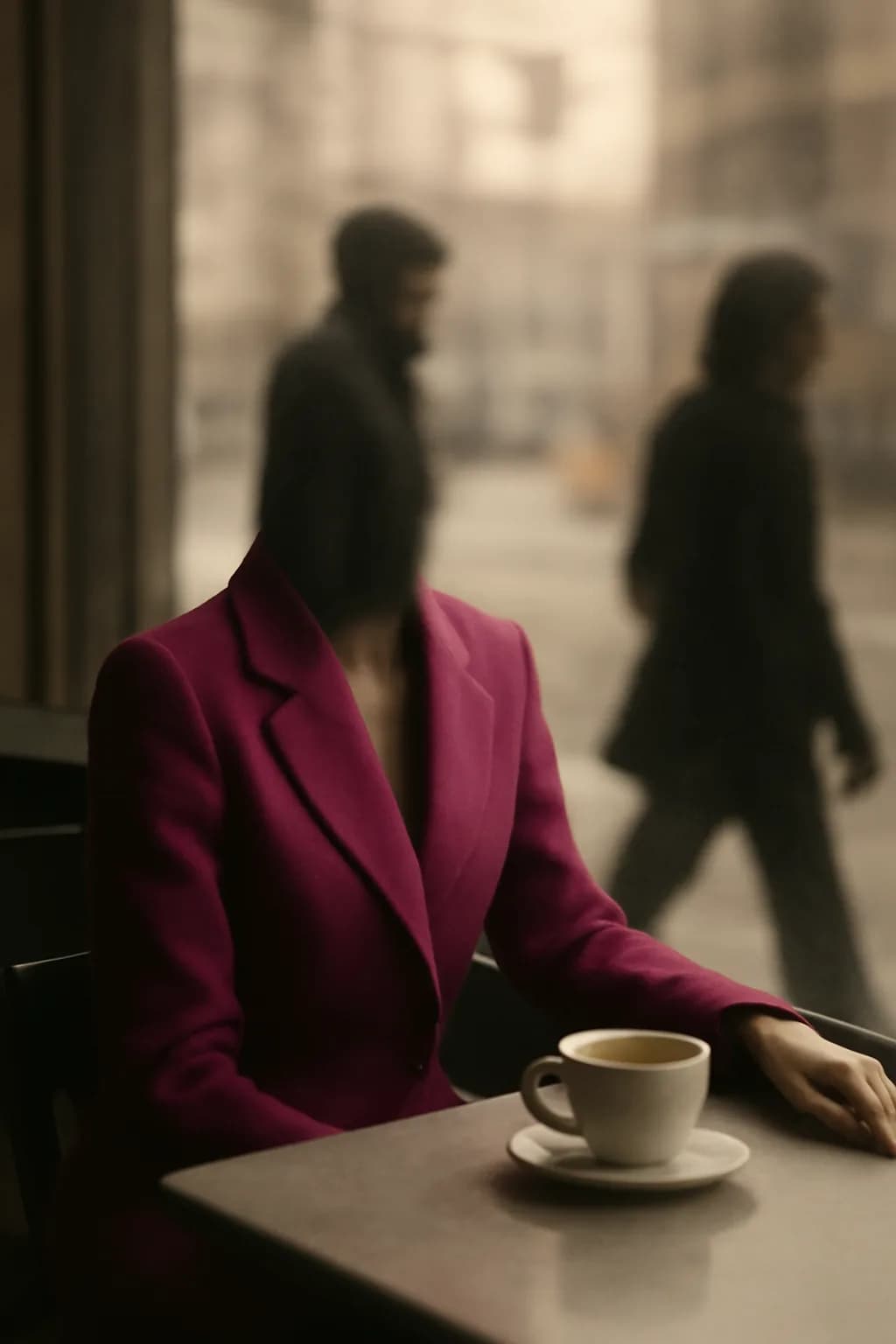 A realistic cafe window at morning rush with layered reflections, coffee cups, pedestrians, and soft street light. one impossible detail inside an otherwise believable everyday scene