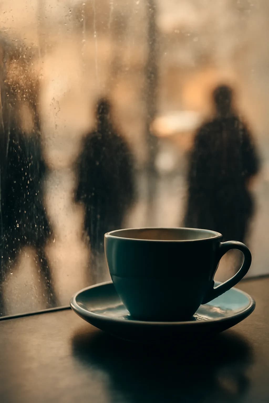 A realistic cafe window at morning rush with layered reflections, coffee cups, pedestrians, and soft street light. one memorable object dominates the frame with a clear silhouette and generous negative space