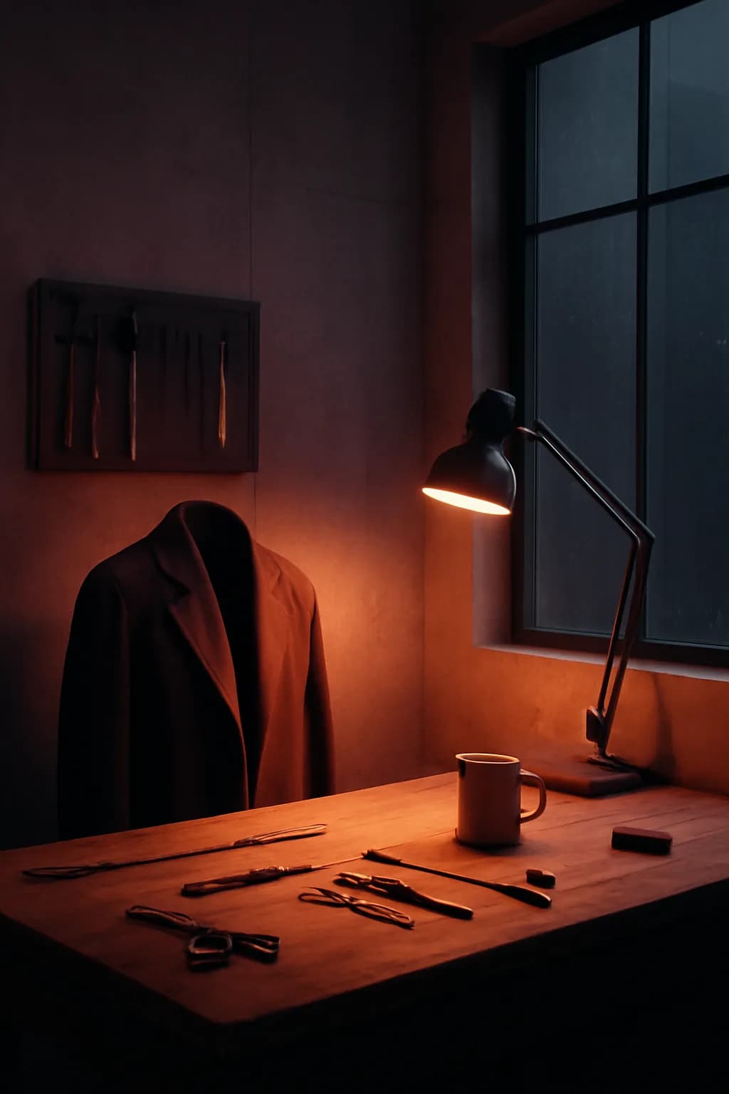 A realistic small workshop at night with warm lamps, precise tools, dust particles, and a cinematic handmade mood. clean architectural geometry with one small emotional detail