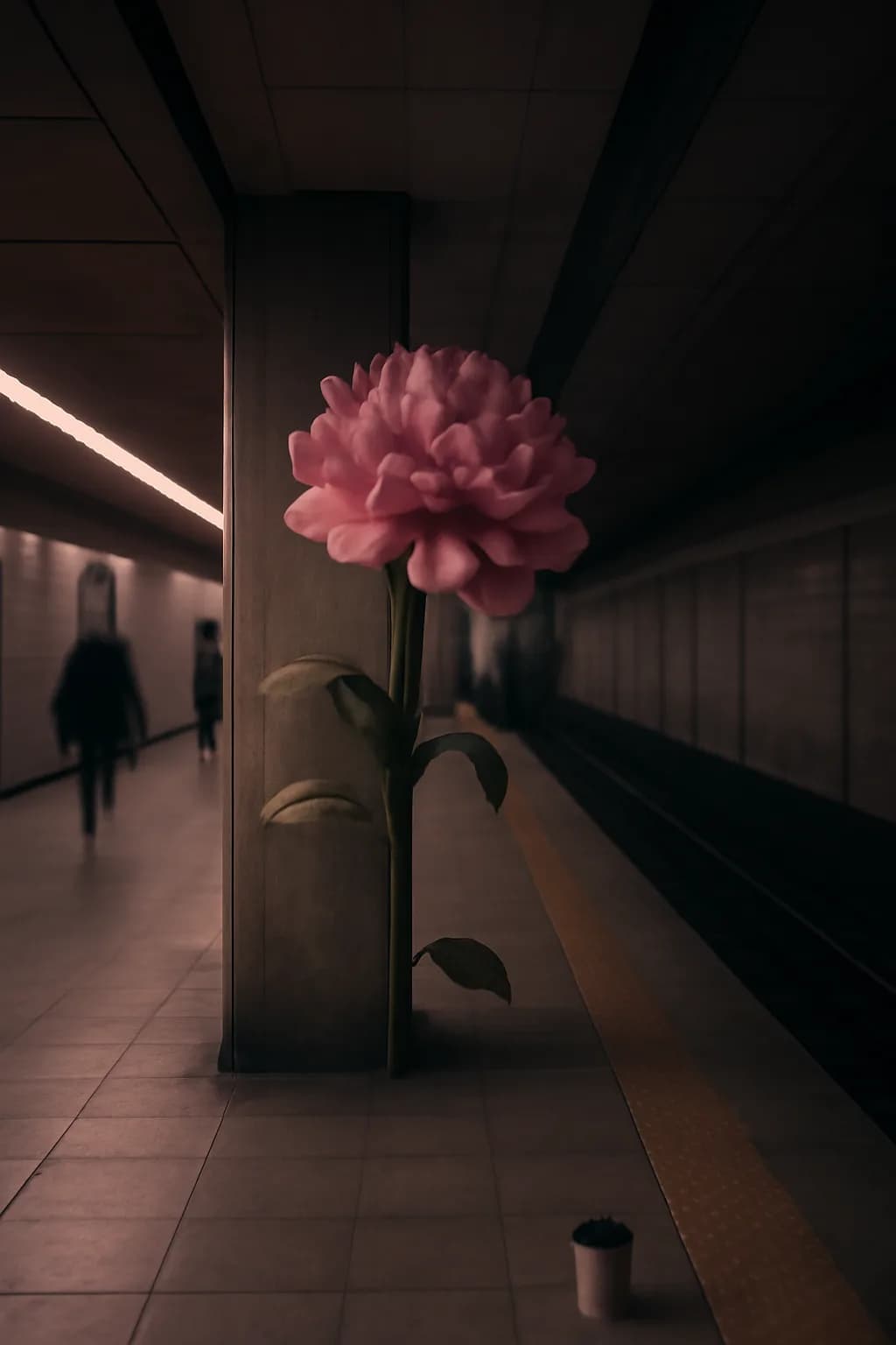 A realistic underground metro platform with a vivid flower installation, moody lighting, and cinematic depth. clean architectural geometry with one small emotional detail