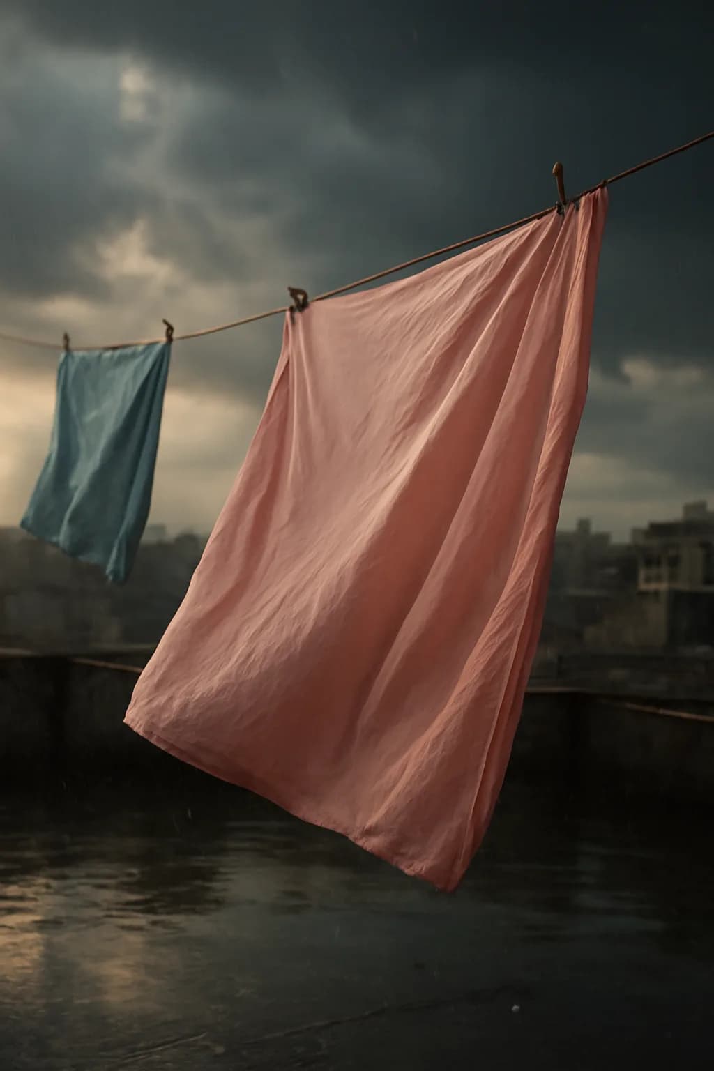 A realistic rooftop laundry line above a dense city, with dramatic clouds, soft wind, and glowing late afternoon light. a normal place interrupted by one precise weather event