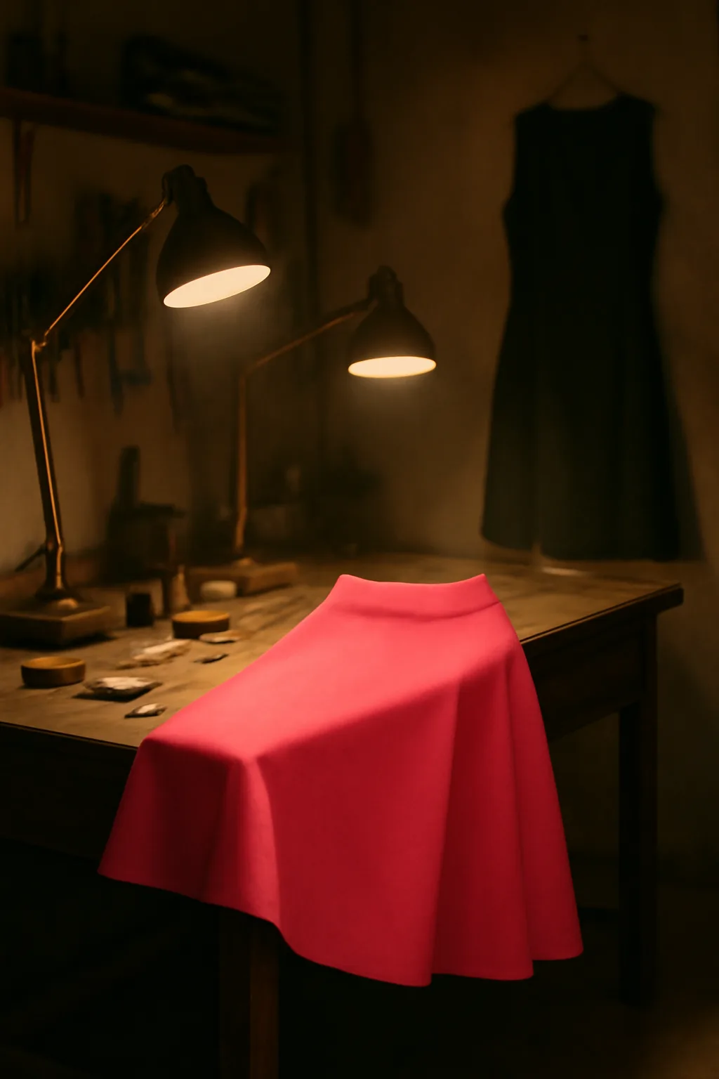 A realistic small workshop at night with warm lamps, precise tools, dust particles, and a cinematic handmade mood. one impossible detail inside an otherwise believable everyday scene