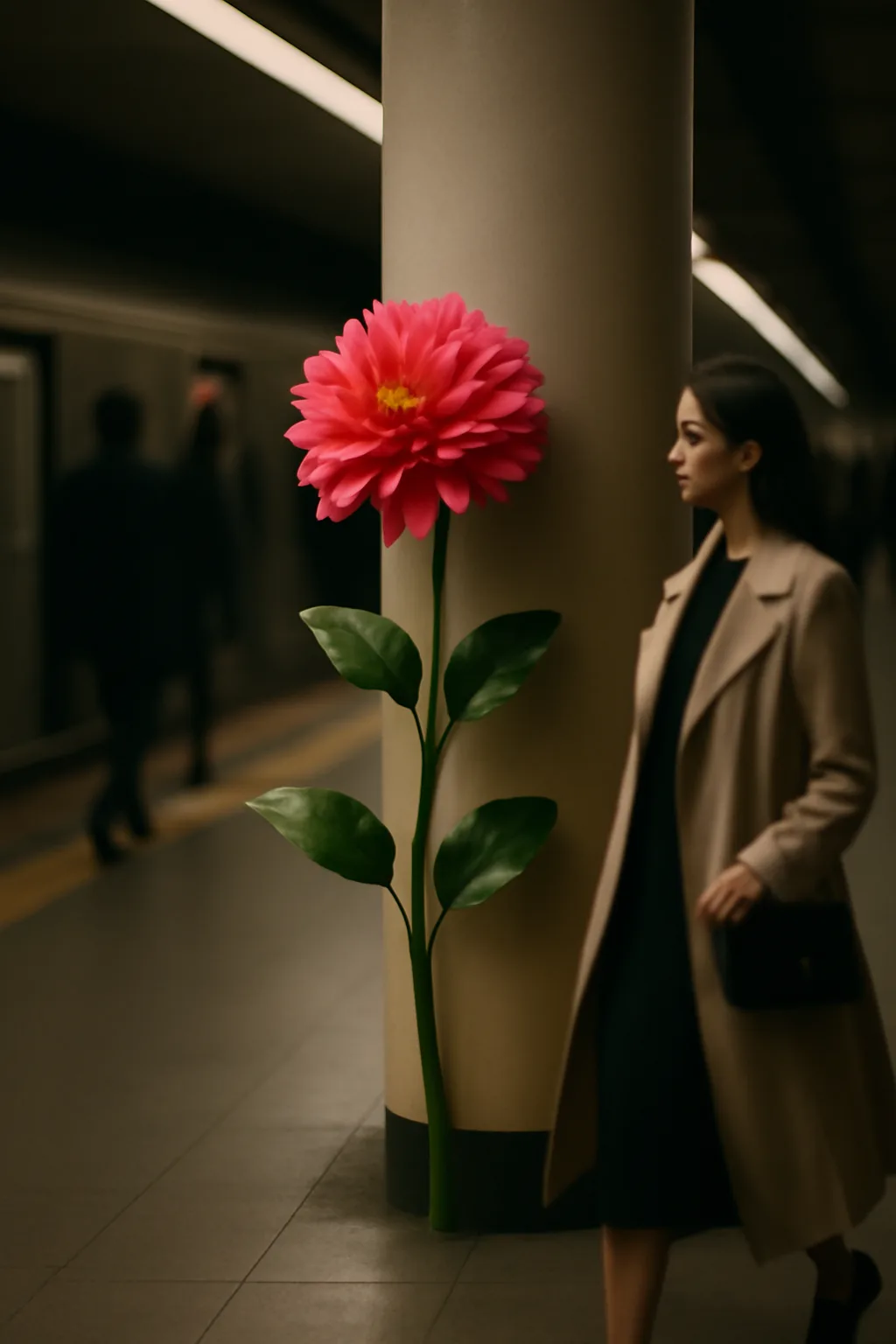 A realistic underground metro platform with a vivid flower installation, moody lighting, and cinematic depth. one impossible detail inside an otherwise believable everyday scene