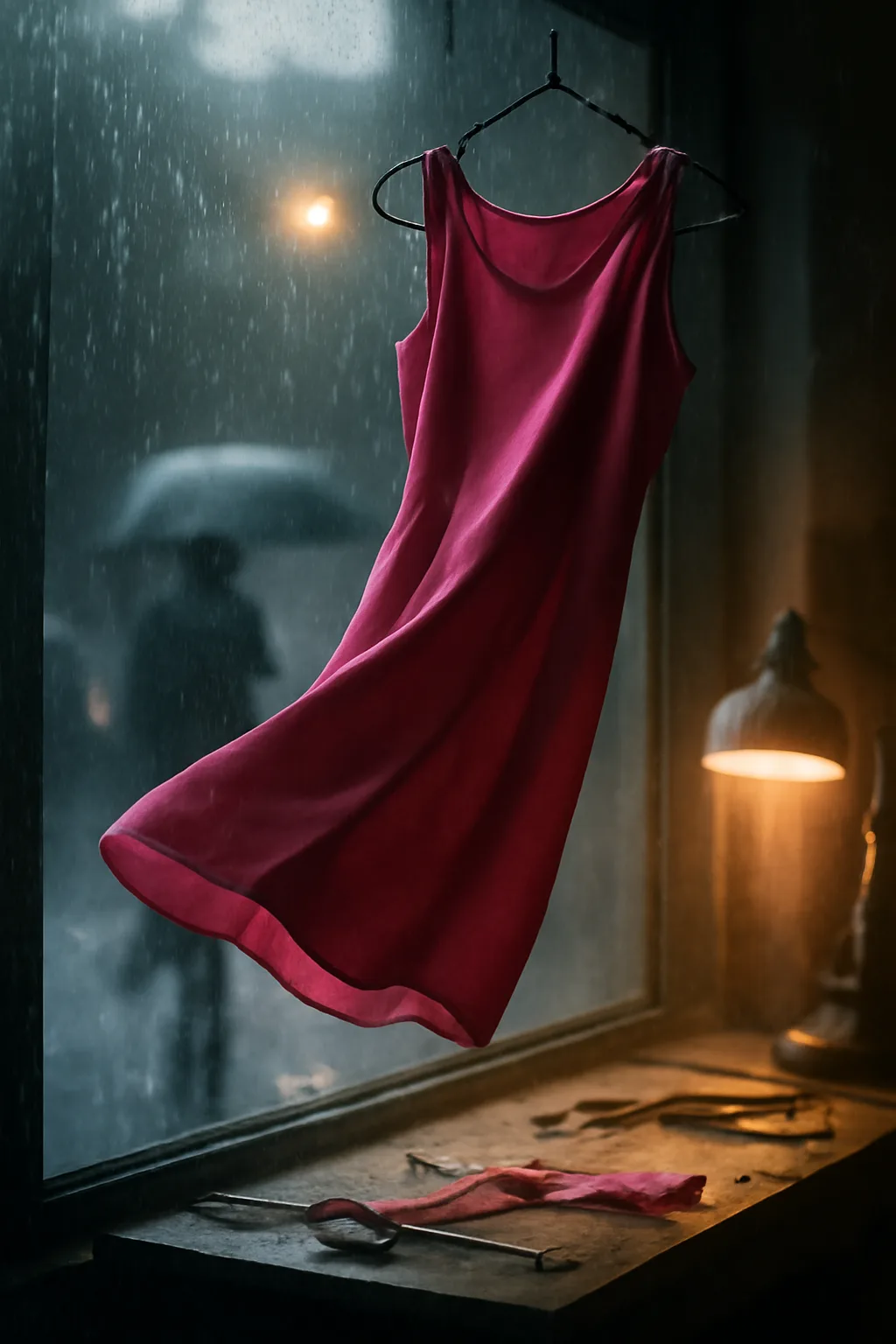 A realistic small workshop at night with warm lamps, precise tools, dust particles, and a cinematic handmade mood. a normal place interrupted by one precise weather event