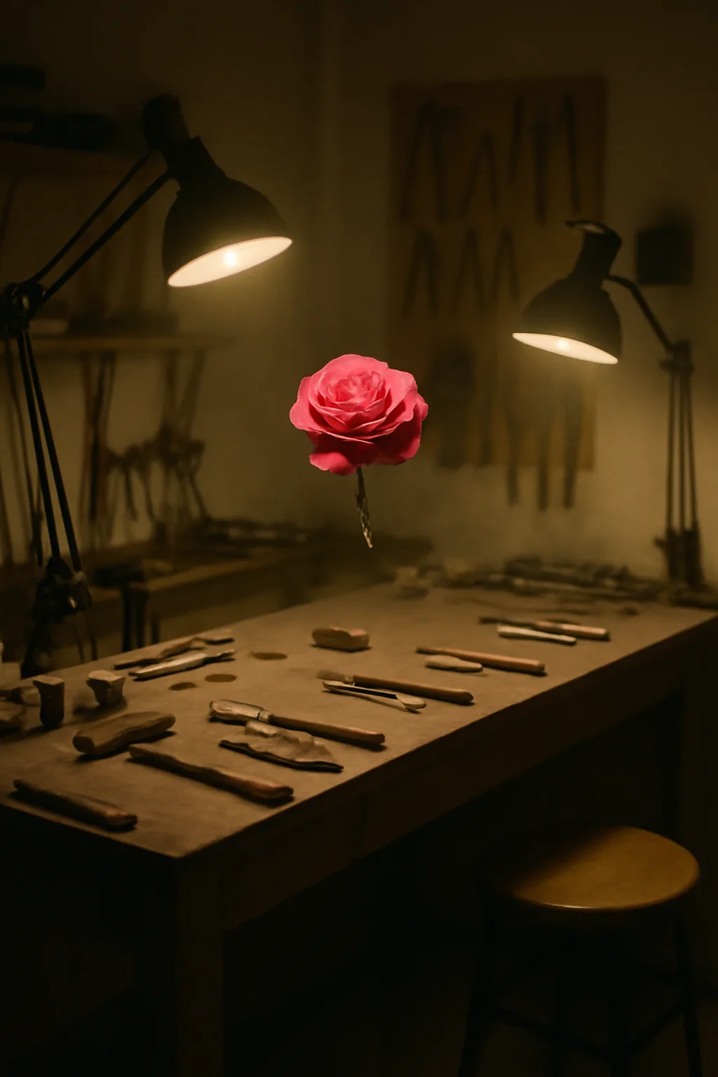 A realistic small workshop at night with warm lamps, precise tools, dust particles, and a cinematic handmade mood. one impossible detail inside an otherwise believable everyday scene