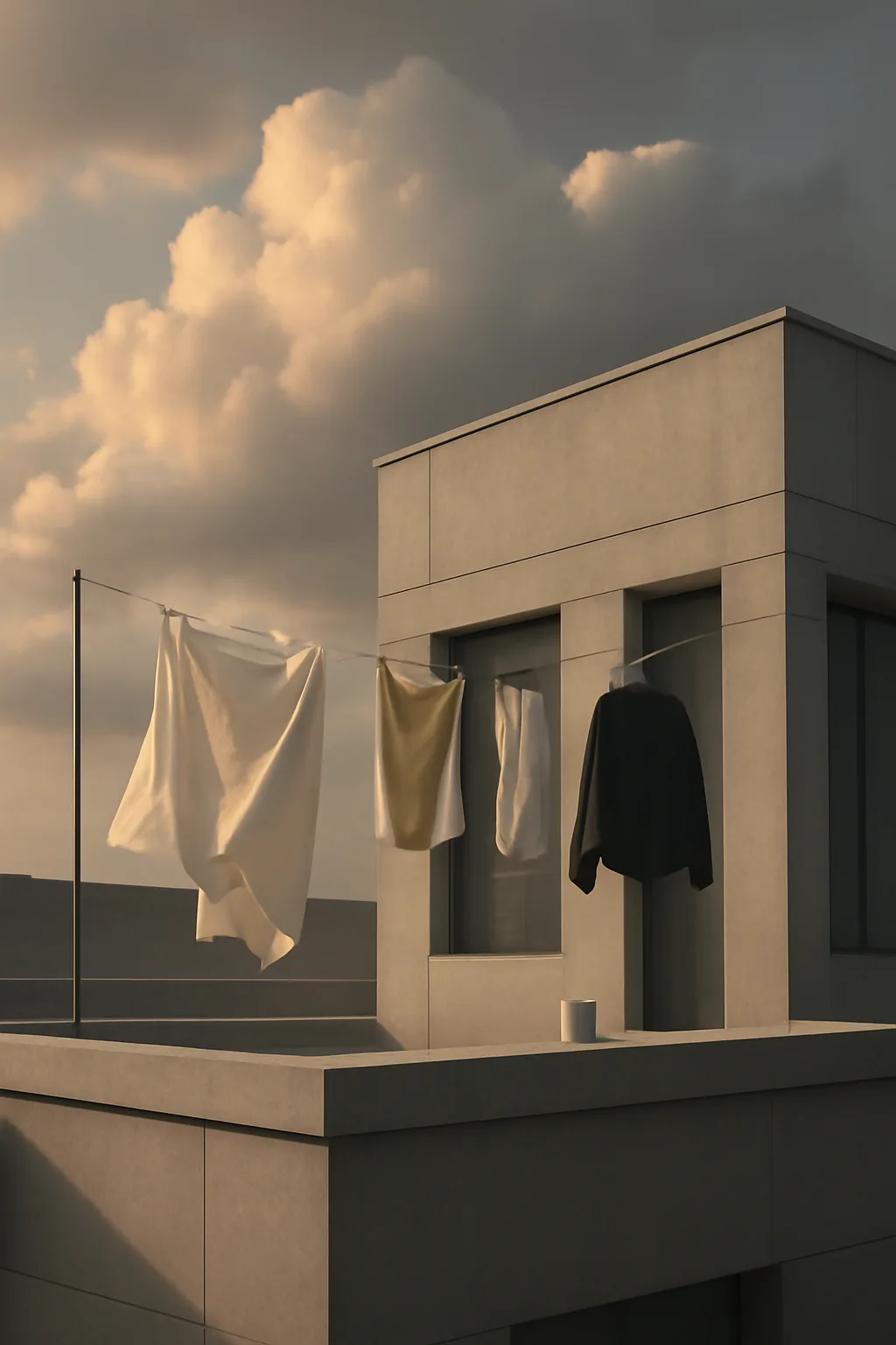 A realistic rooftop laundry line above a dense city, with dramatic clouds, soft wind, and glowing late afternoon light. clean architectural geometry with one small emotional detail