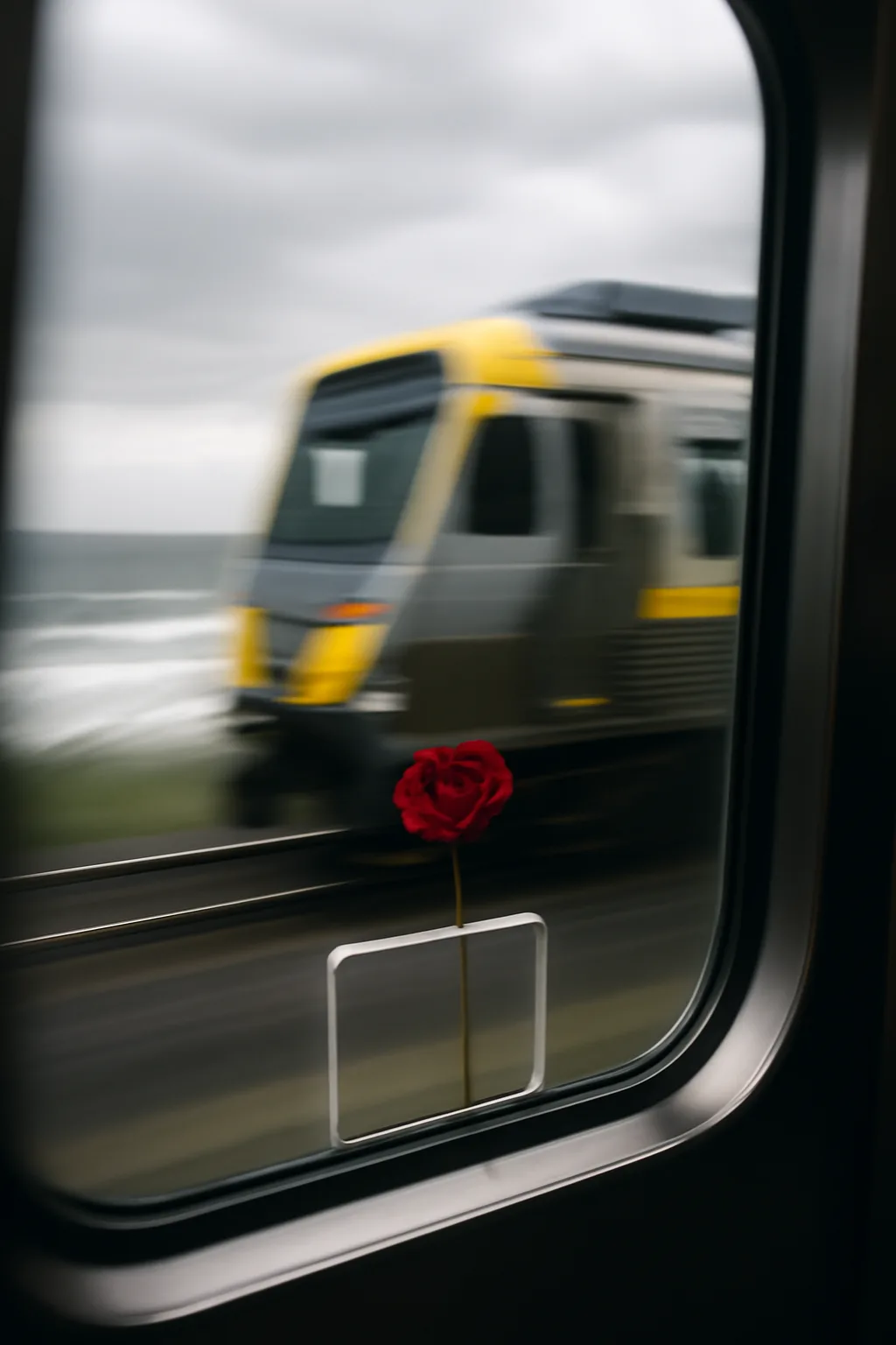 A realistic coastal road with sea spray, wind-shaped grass, dramatic sky, and a clean cinematic composition. a fast transit-adjacent glimpse with strong leading lines