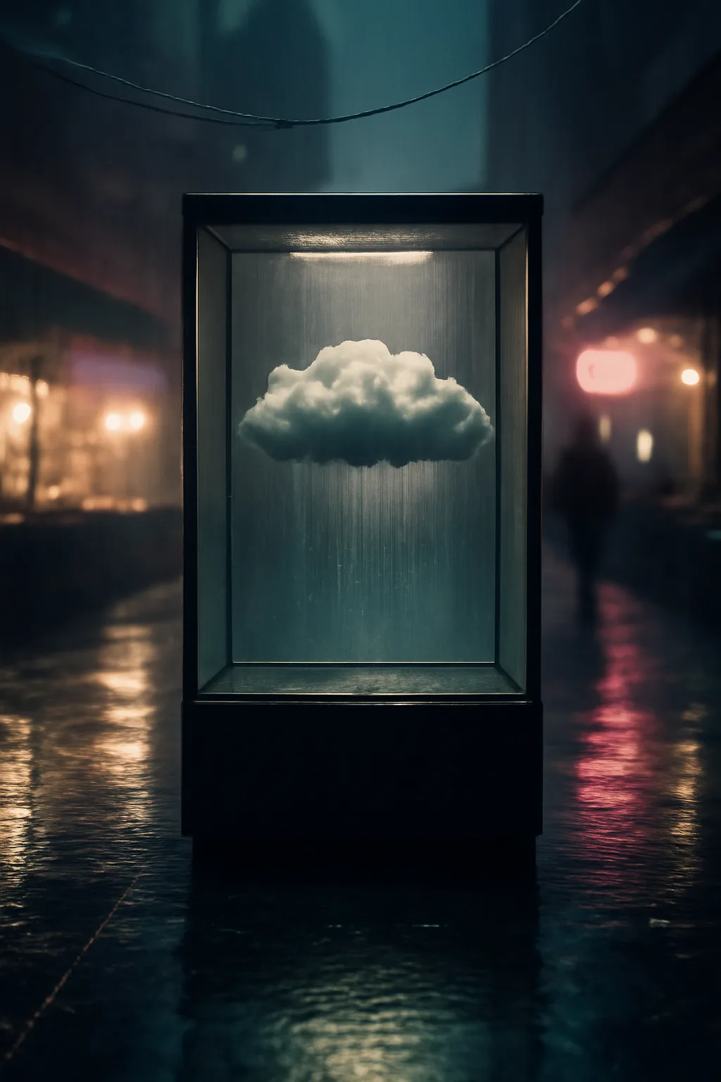 A photorealistic rainy night street market with neon reflections, wet pavement, and a cinematic city glow. a normal place interrupted by one precise weather event