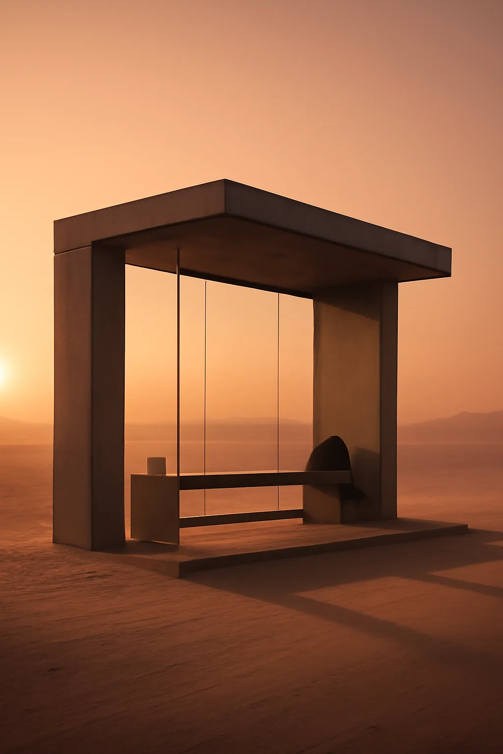 A realistic glass transit station in a desert at sunrise with warm light, long shadows, and a quiet futuristic mood. clean architectural geometry with one small emotional detail