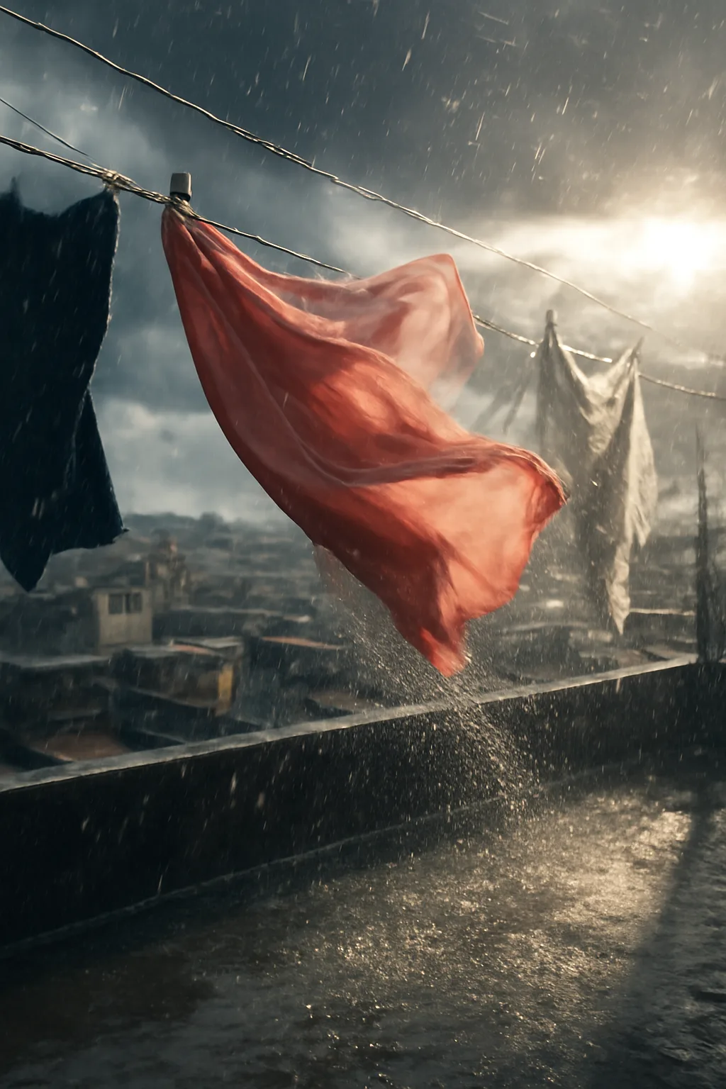 A realistic rooftop laundry line above a dense city, with dramatic clouds, soft wind, and glowing late afternoon light. a normal place interrupted by one precise weather event