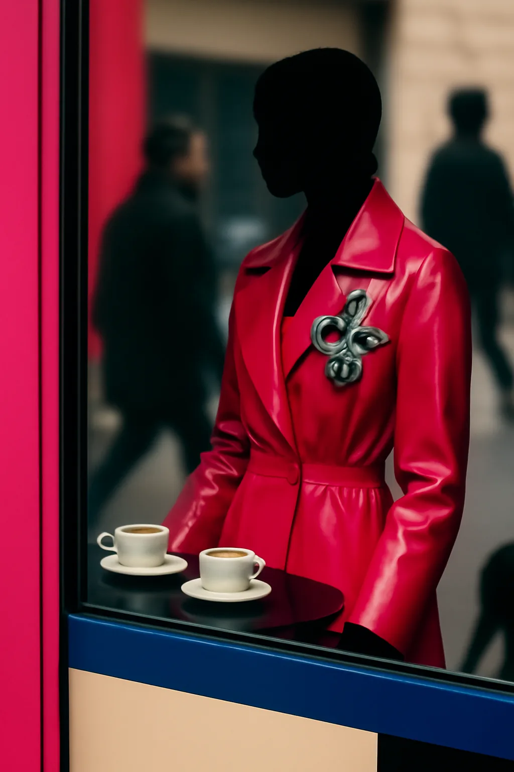 A realistic cafe window at morning rush with layered reflections, coffee cups, pedestrians, and soft street light. bold blocks of color arranged as a readable feed-first scene