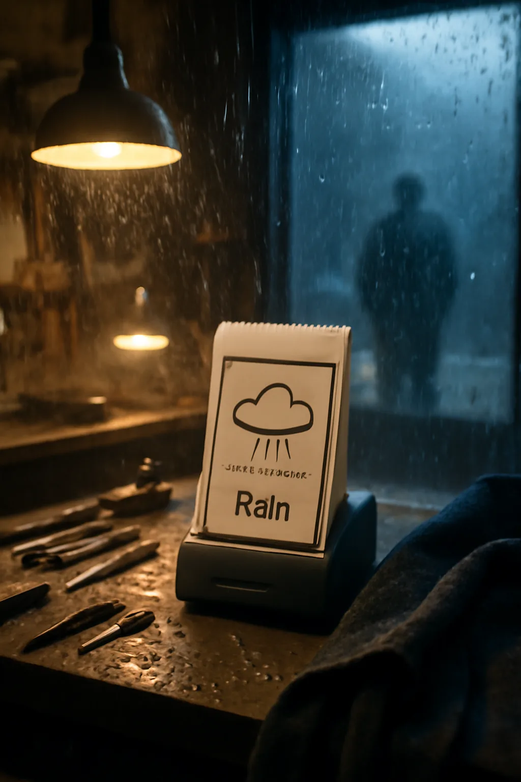 A realistic small workshop at night with warm lamps, precise tools, dust particles, and a cinematic handmade mood. a normal place interrupted by one precise weather event