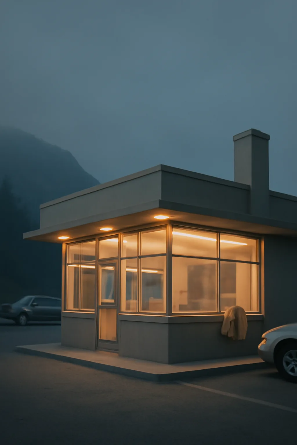 A realistic roadside mountain diner at blue hour with glowing windows, parked cars, mist, and quiet atmosphere. clean architectural geometry with one small emotional detail