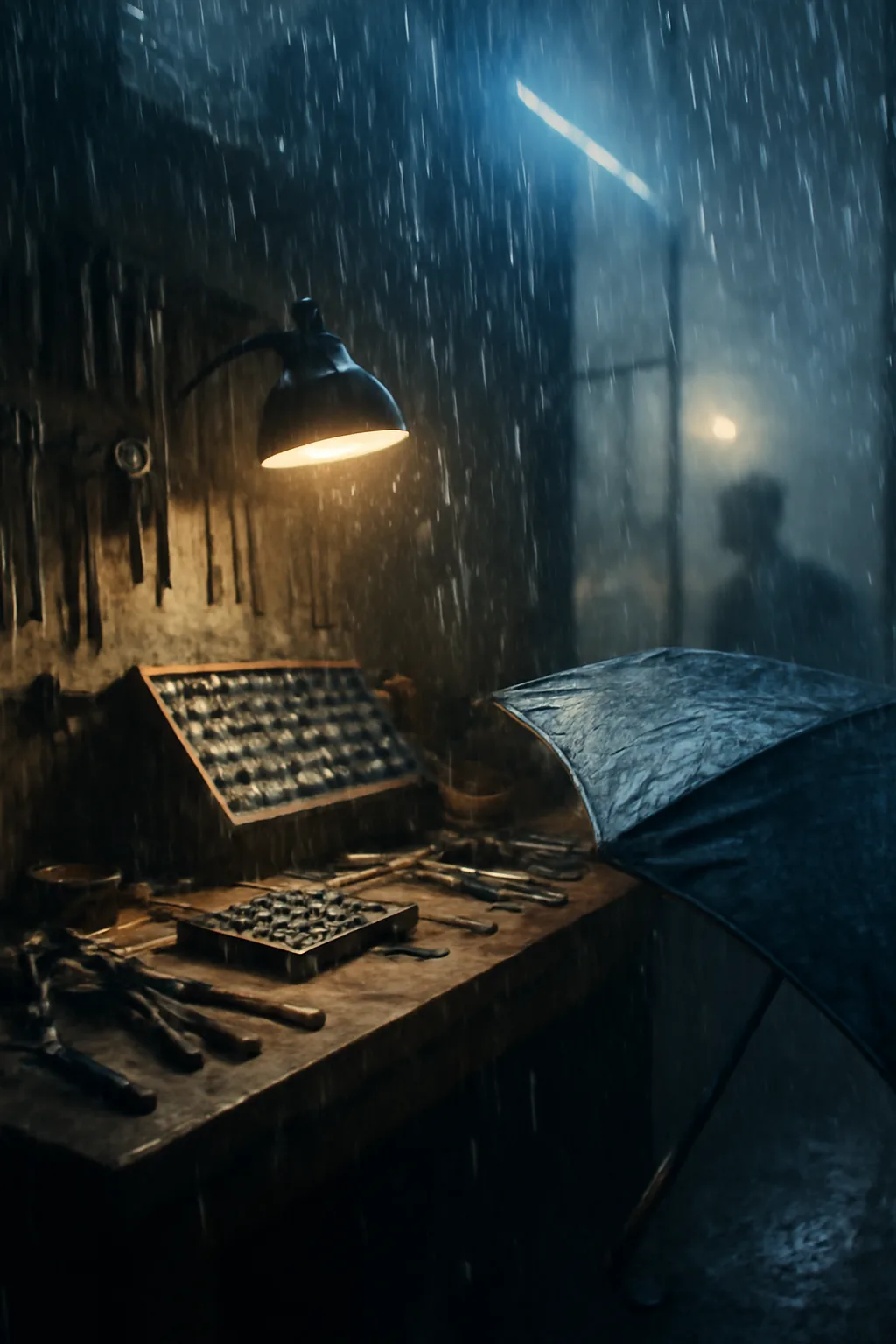 A realistic small workshop at night with warm lamps, precise tools, dust particles, and a cinematic handmade mood. a normal place interrupted by one precise weather event