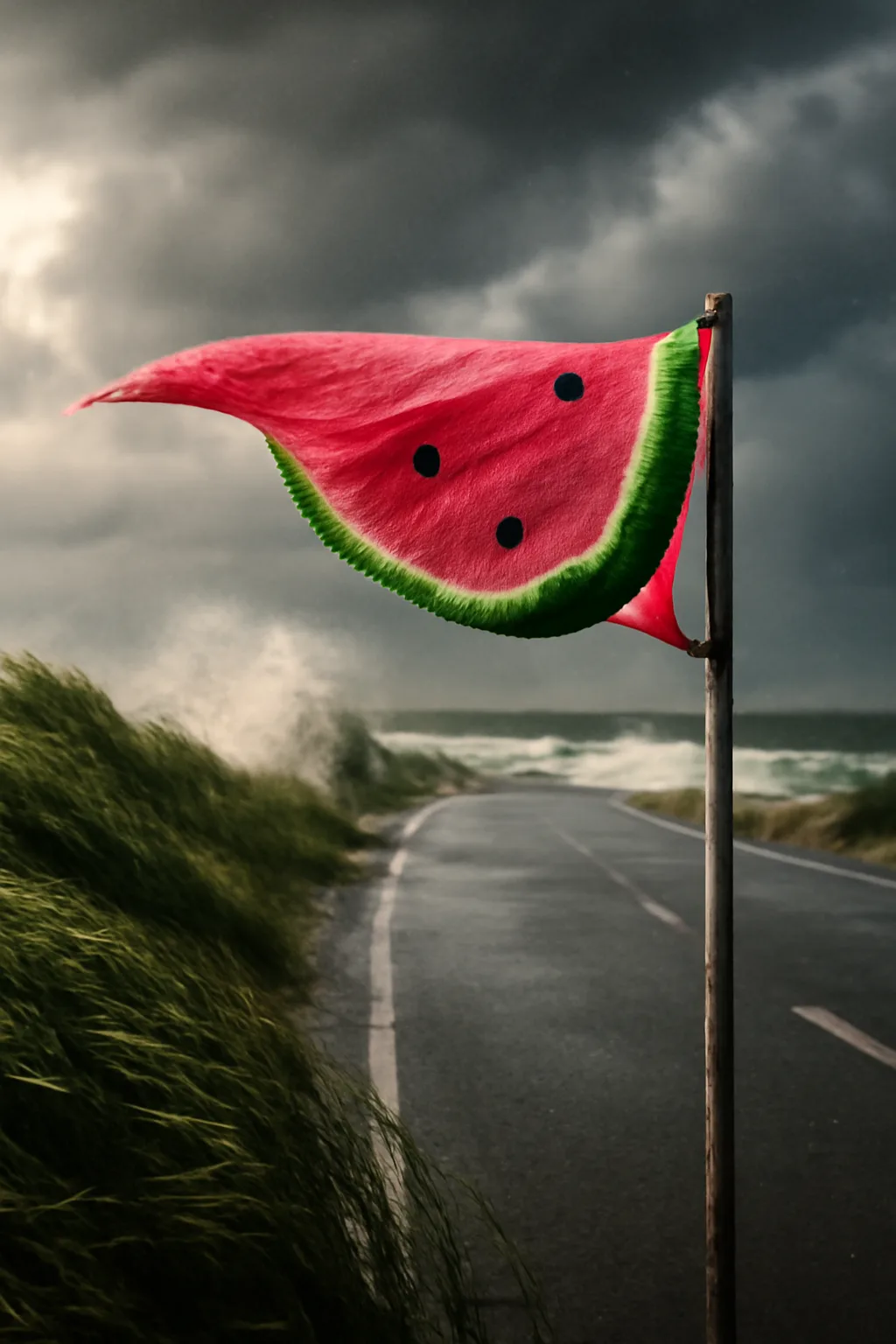 A realistic coastal road with sea spray, wind-shaped grass, dramatic sky, and a clean cinematic composition. a normal place interrupted by one precise weather event